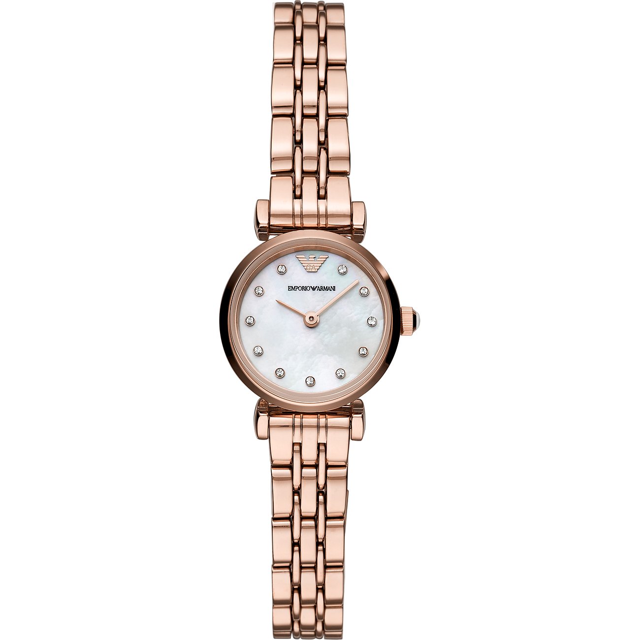 Emporio Armani Damenuhr aus roségoldfarbenem Edelstahl mit schimmerndem Perlmuttzifferblatt und klaren Schmucksteinen.