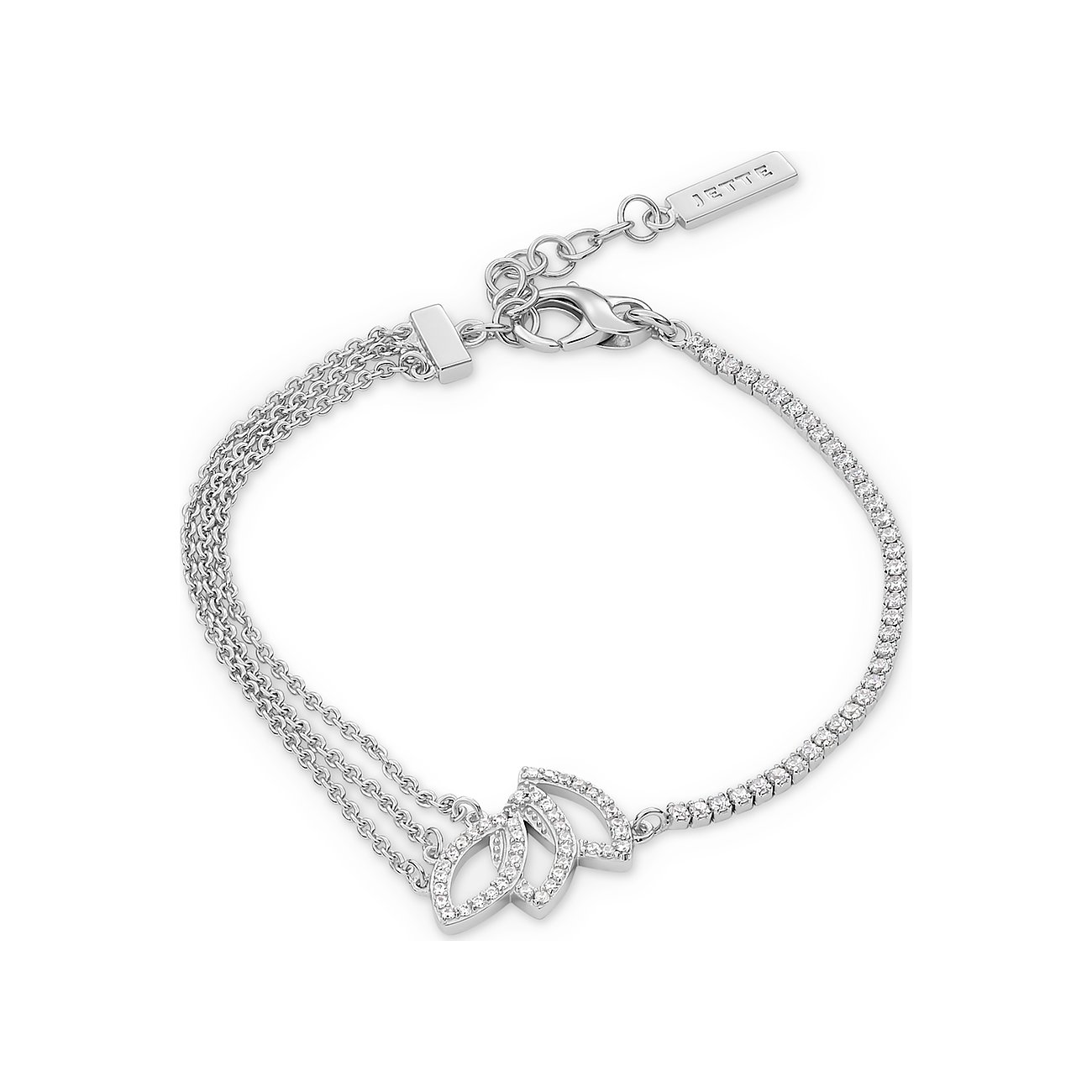 JETTE Silberarmband mit drei zarten Kettensträngen und einer Reihe glitzernder Zirkonia-Verzierungen.
