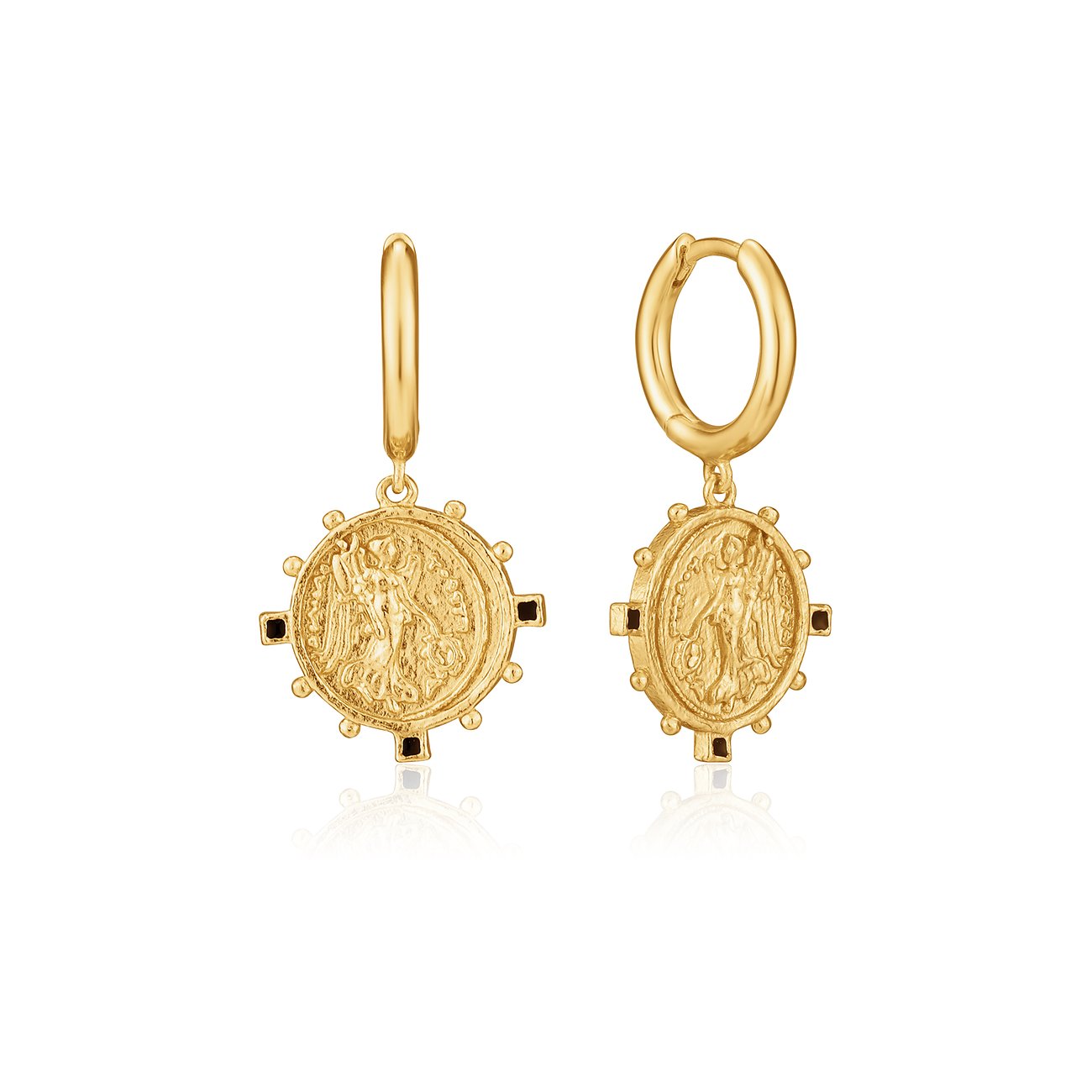 Ein Paar goldfarbener Ania Haie 925er Silber Ohrschmuck mit runden, gravierten Anhängern und schwarzen Akzenten.