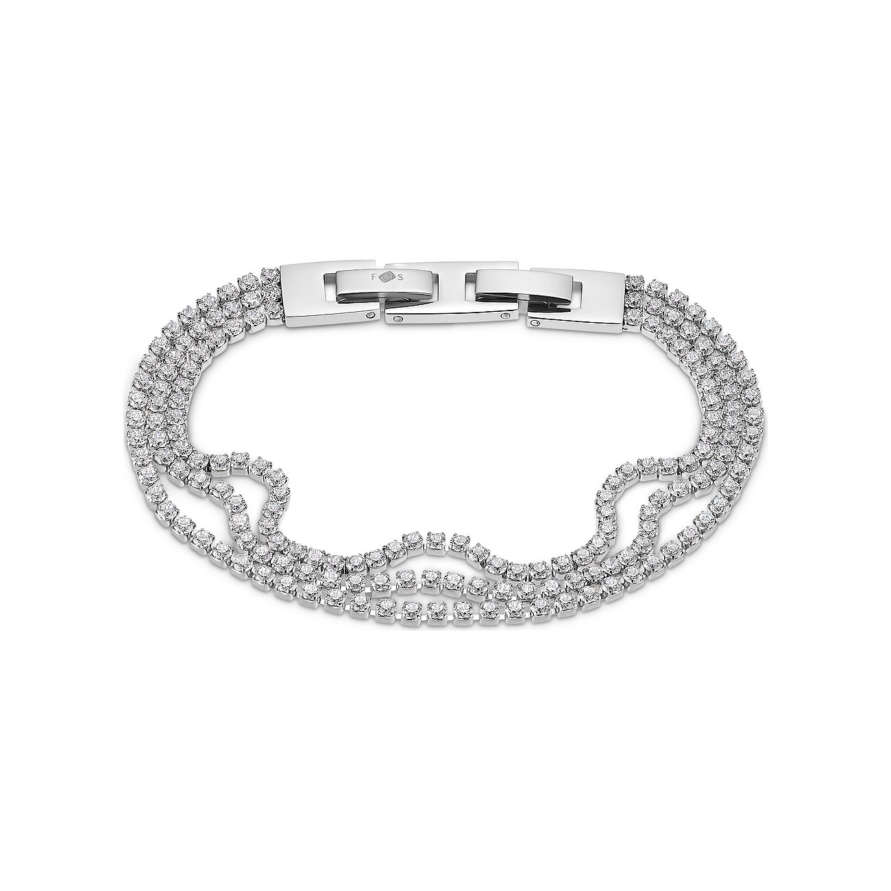FAVS Armband aus funkelndem Edelstahl mit drei Reihen synthetischen Zirkonia, im oberen Bereich gewellt.