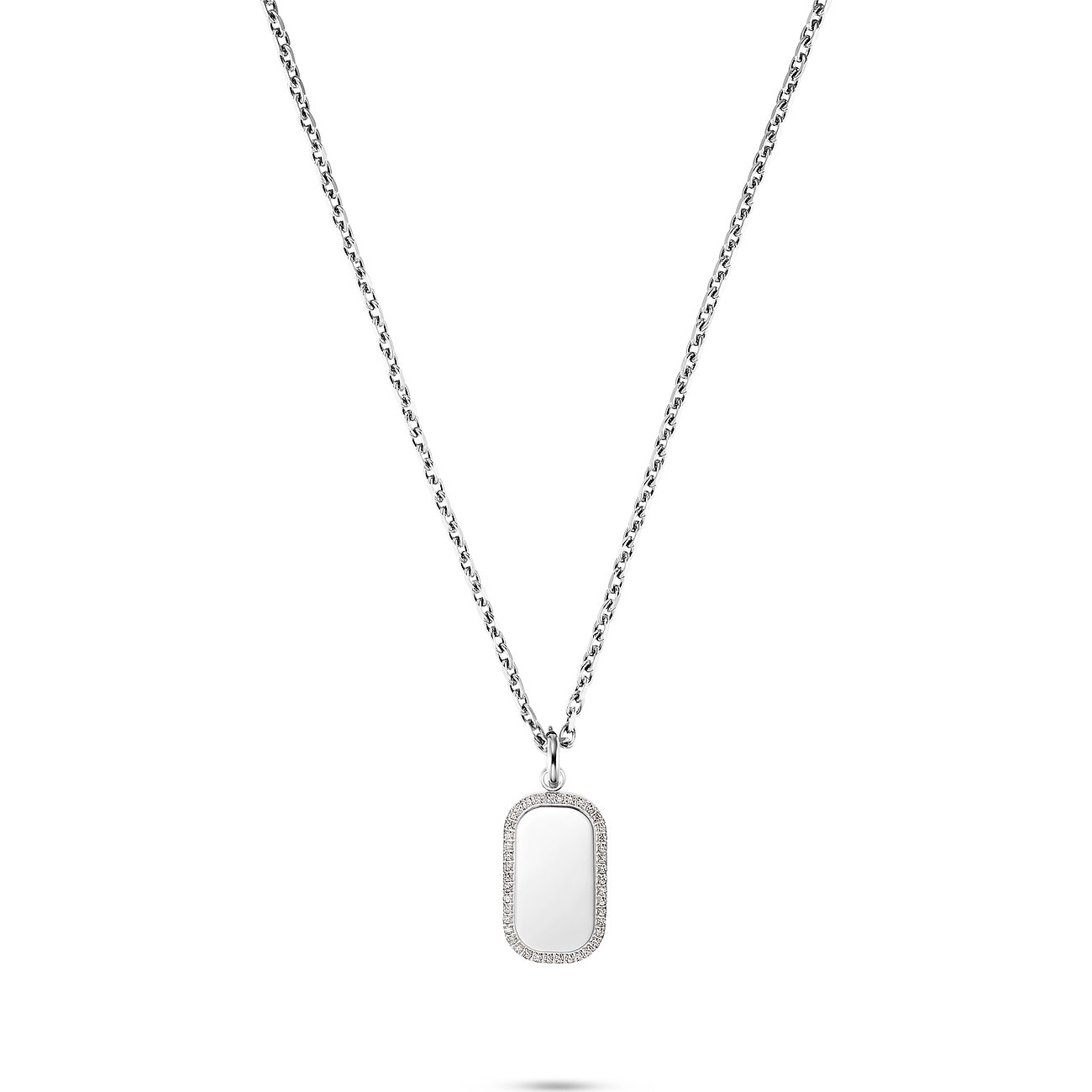 FAVS Halskette aus Edelstahl mit Dog-Tag-Anhänger, besetzt mit Zirkonia um den Rand.