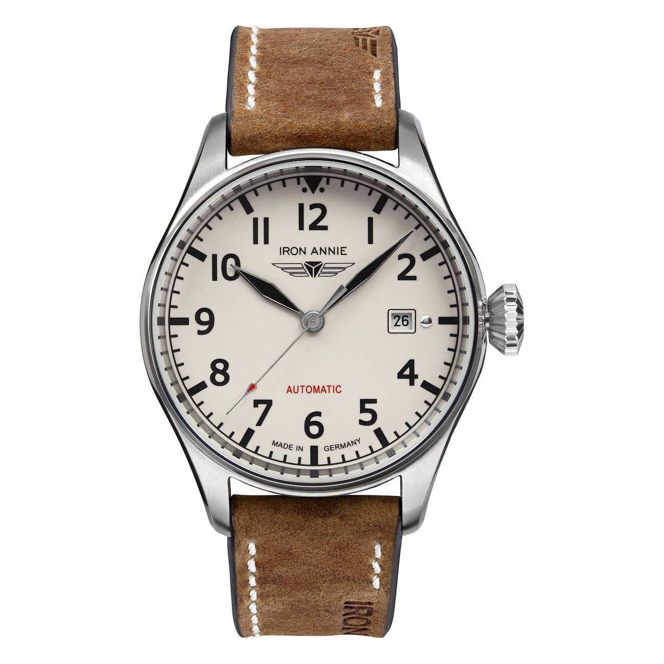 Eine Iron Annie Herrenuhr mit weißem Zifferblatt und silbernem Edelstahlgehäuse. Das braune Lederarmband hat weiße Nähte.