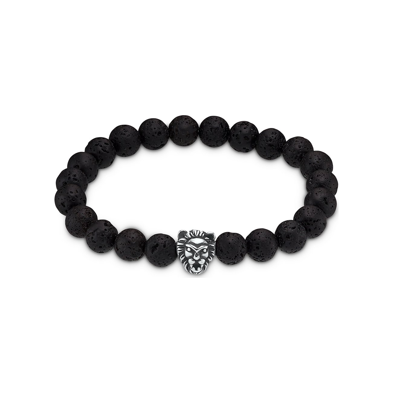 FAVS Armschmuck aus dunklen, rauen Perlen mit einem silberfarbenen Löwenkopf in der Mitte, freigestellt.