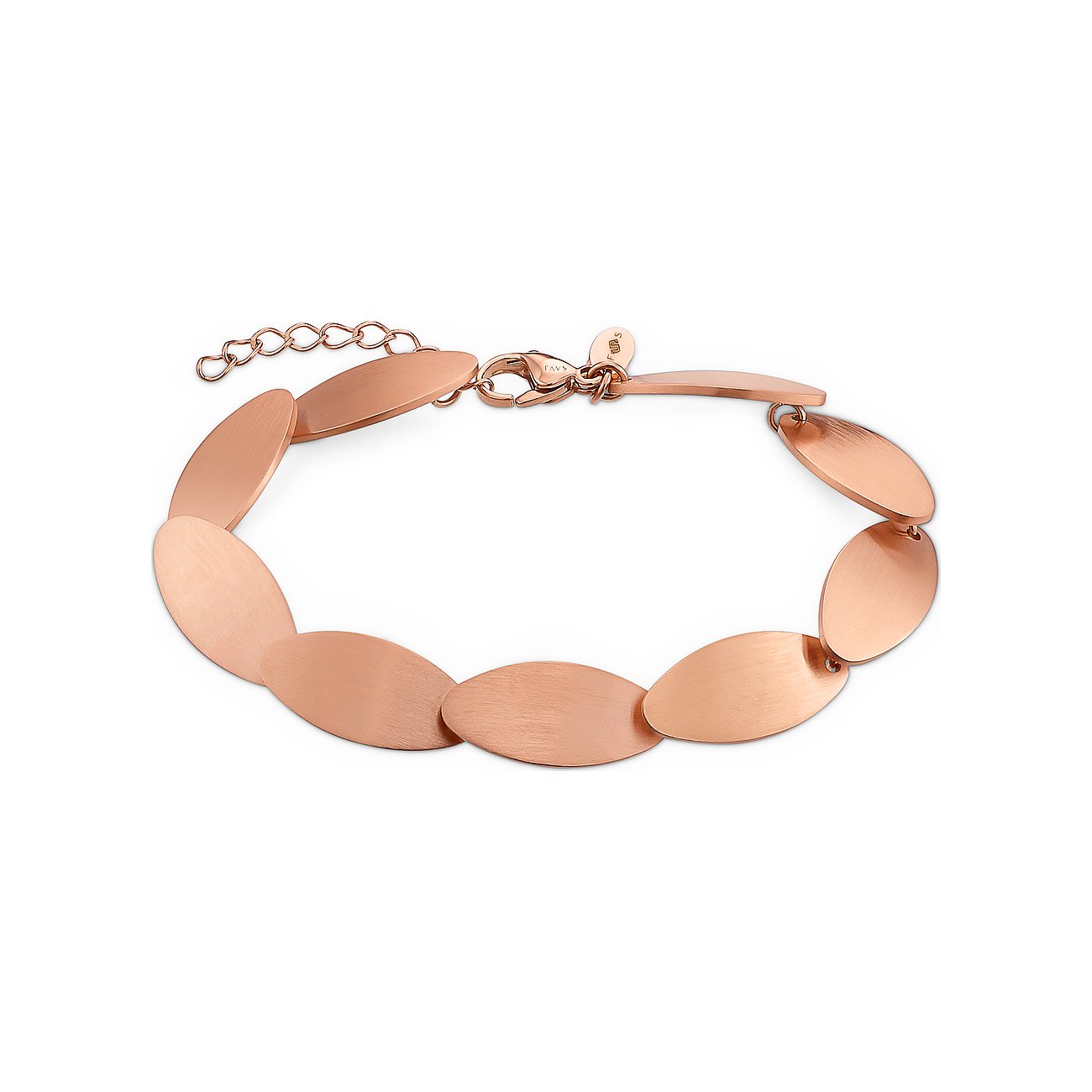 FAVS Armband aus rosegoldfarbenem Edelstahl, aneinandergereihte matte, ovale Plättchen, Karabinerverschluss.