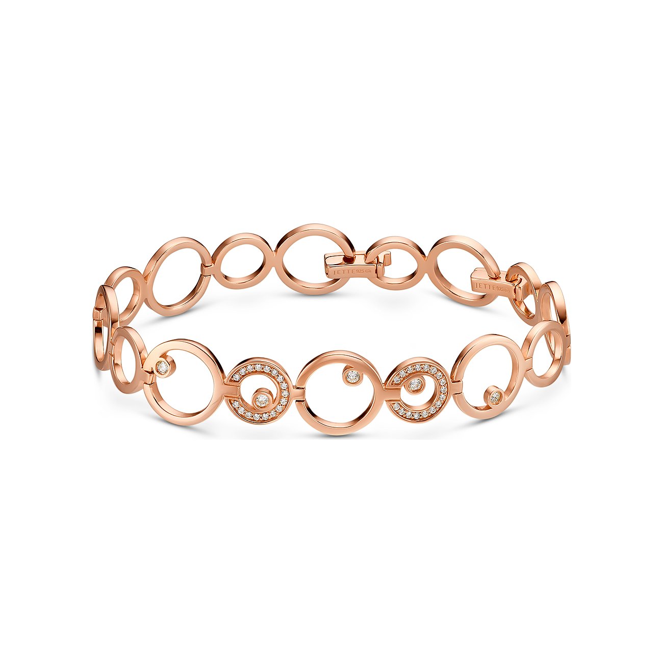 Un bracciale d'argento JETTE color oro rosa con cerchi intrecciati, alcuni adornati con zircone.