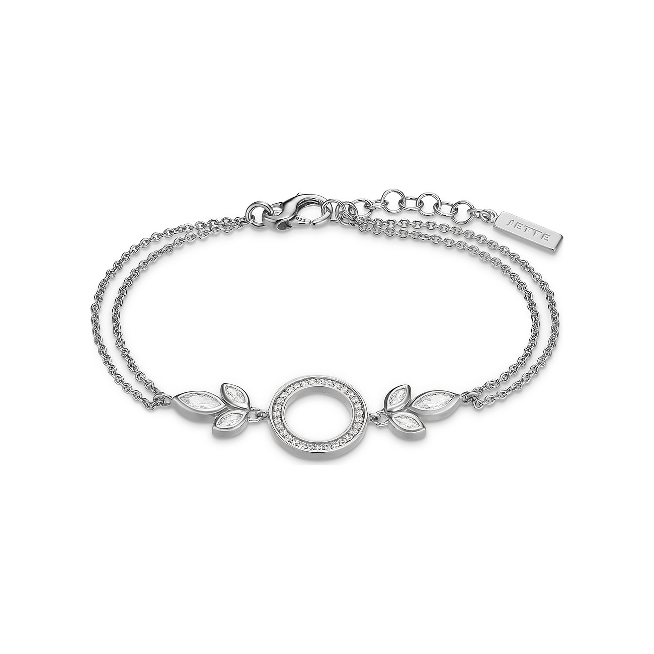 JETTE Armband aus 925er Silber mit doppelter Kette, einem zentrierten, mit Zirkonia besetzten Kreis und zwei Blättern.