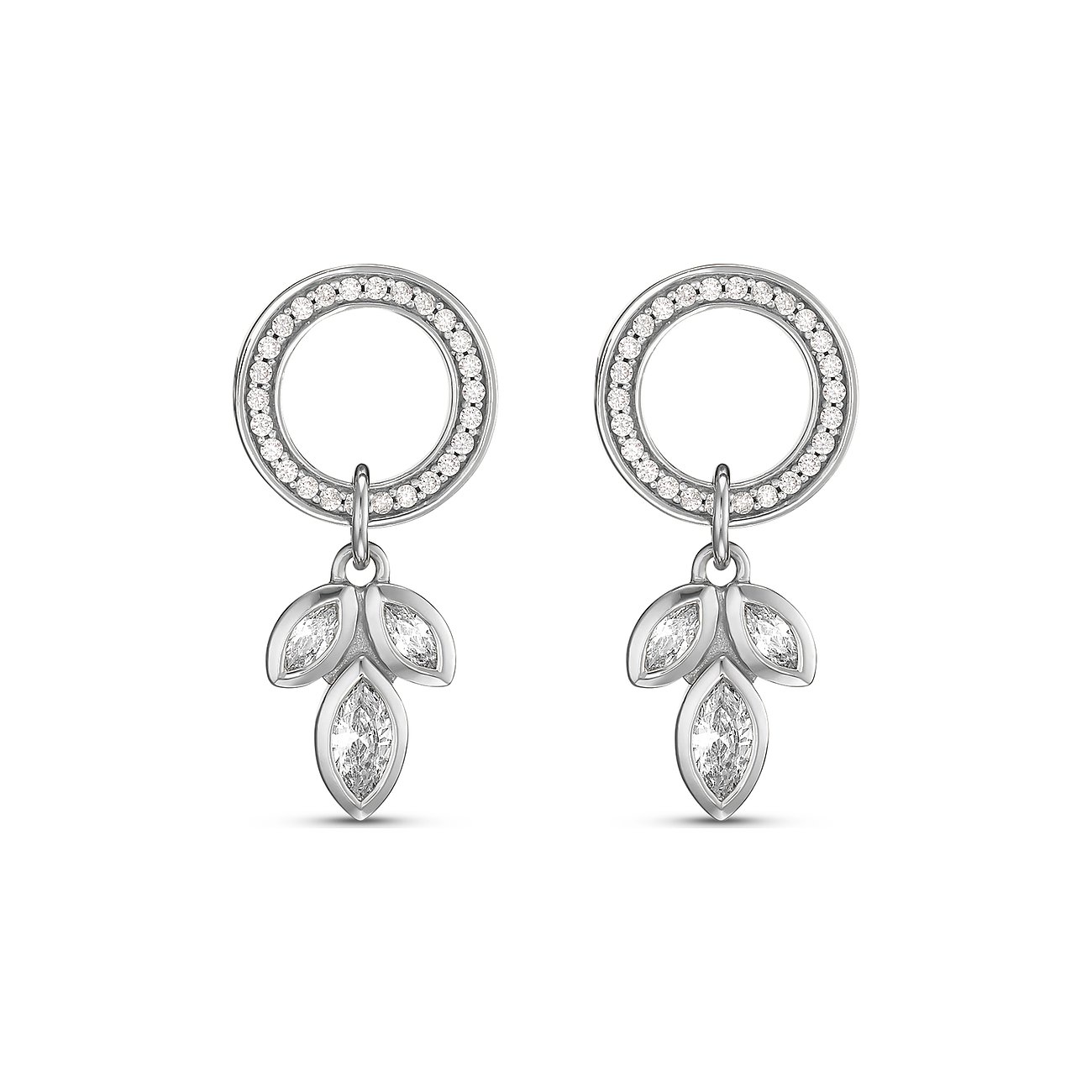 JETTE 925er Silberohrringe: runde Ringscheiben mit Zirkonia, dreiblättrige Anhänger mit Marquise-Zirkonia.