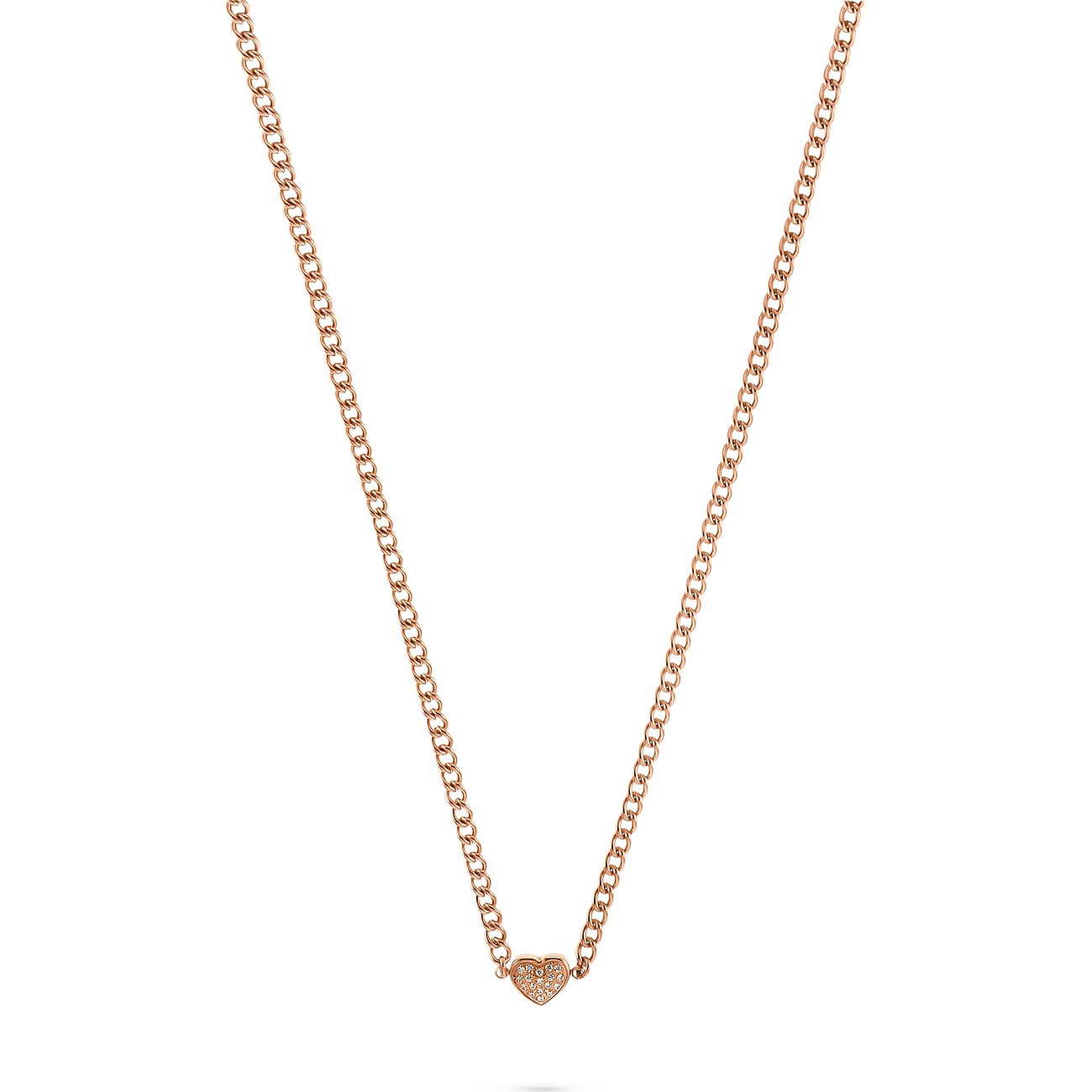 Roségoldfarbene Guido Maria Kretschmer Edelstahl-Halskette mit kleinem Pavé-Herz-Anhänger und Zirkonia-Farbsteinen.