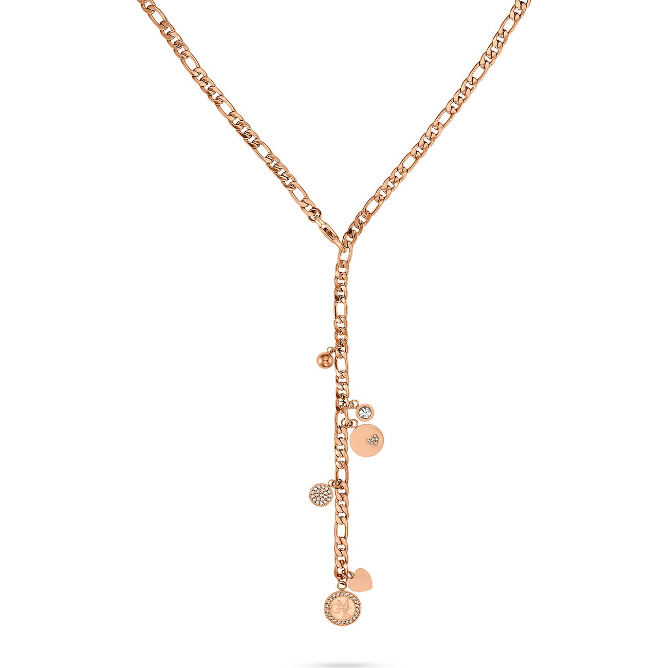 Guido Maria Kretschmer Y-Kette aus roségoldfarbenem Edelstahl mit figürlichen Anhängern und Zirkonia-Farbsteinen.