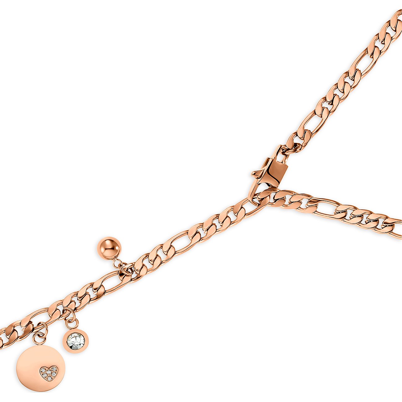 Guido Maria Kretschmer Halskette aus roségoldfarbenem Edelstahl mit Figaro-Kette und drei Anhängern.