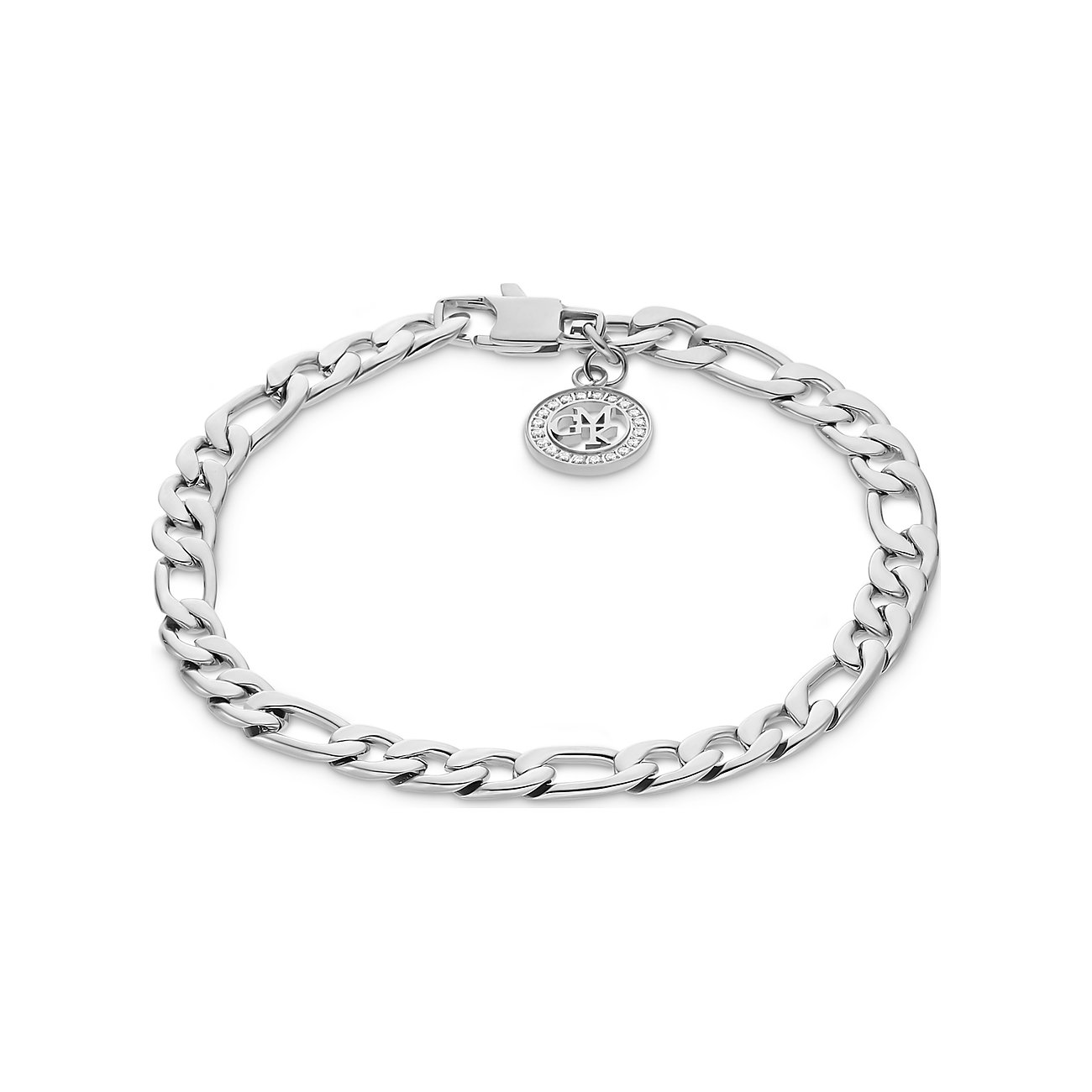 Guido Maria Kretschmer Armband aus poliertem Edelstahl mit Kettengliedern und rundem Zirkonia-Anhänger.