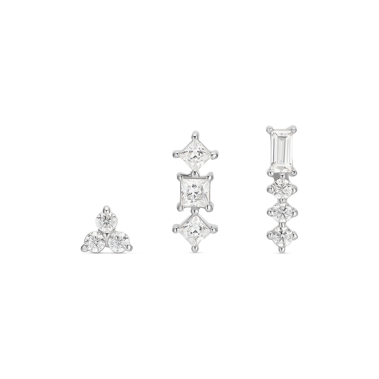 CHRIST Ohrschmuck aus 925er Silber mit Zirkonia, rundem Dreier-Cluster und zwei Stab-Designs mit quadratischen/rechteckigen Steinen.