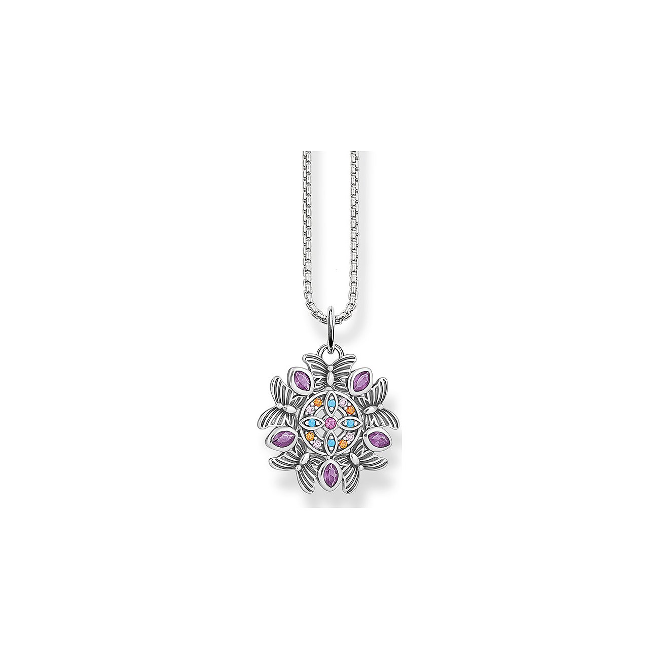 Thomas Sabo Halsschmuck aus 925er Silber mit runden/ovalen Farbedelsteinen. Silberornamente ähneln Schmetterlingsflügeln.