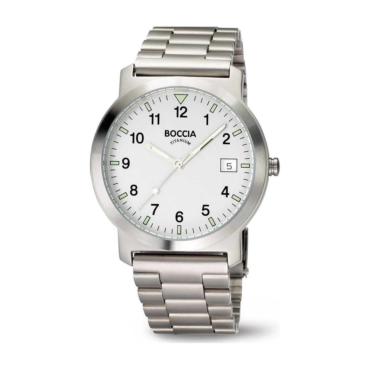 Boccia Herrenuhr aus Titan mit silbernem Gliederarmband und weißem Zifferblatt