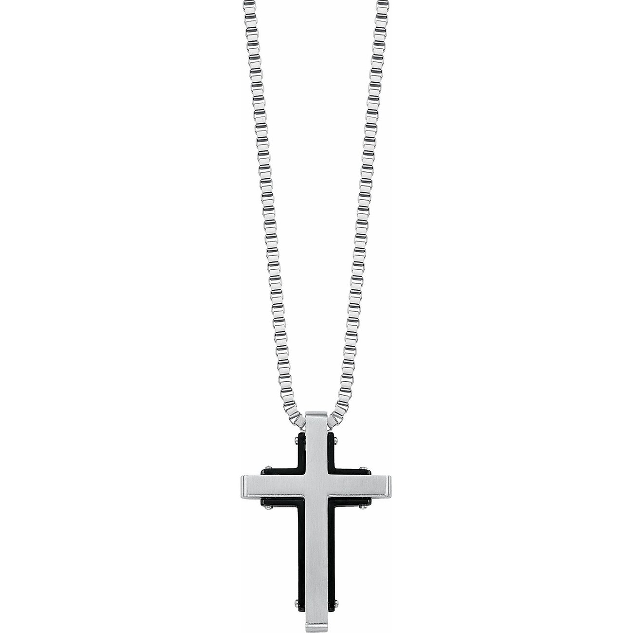 s.Oliver Halskette aus Edelstahl mit einem Kreuz-Anhänger in Silber und Schwarz.