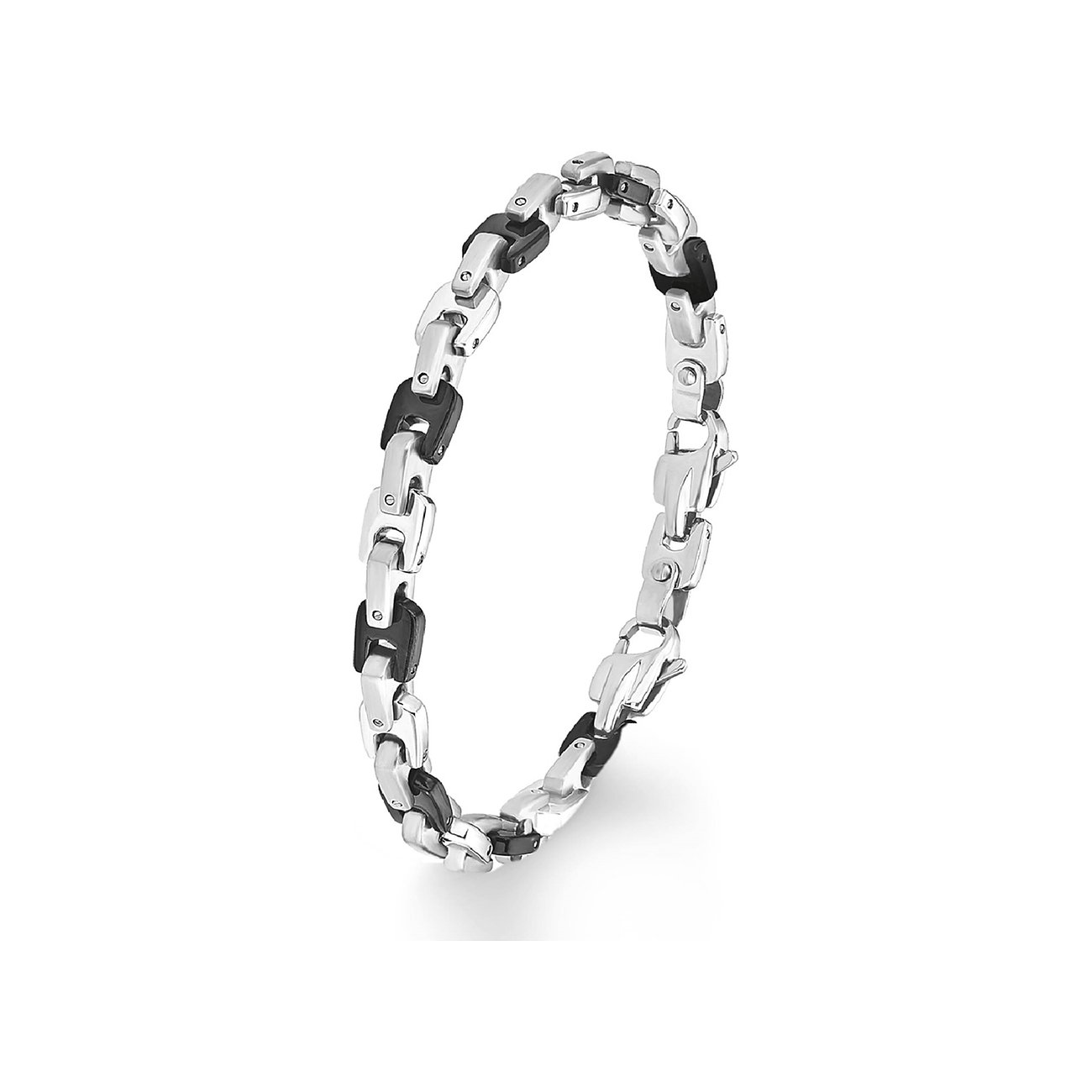 s.Oliver Armschmuck aus glänzendem Edelstahl, bestehend aus abwechselnd silberfarbenen und schwarzen Gliedern.
