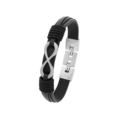 s.Oliver Armschmuck aus Edelstahl mit schwarzem Lederband und Unendlichkeitsanhänger in Seitenansicht.
