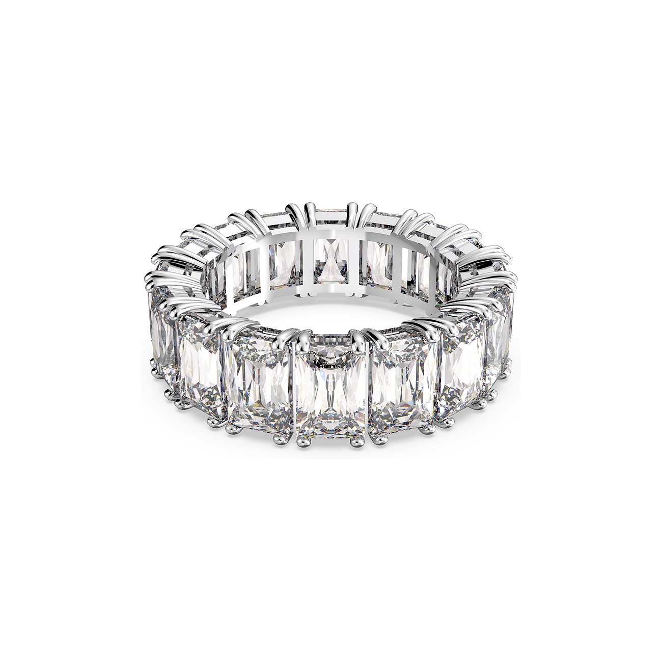 Swarovski Damenring aus Metall mit weißen Kristallen und rechteckigem Schliff.