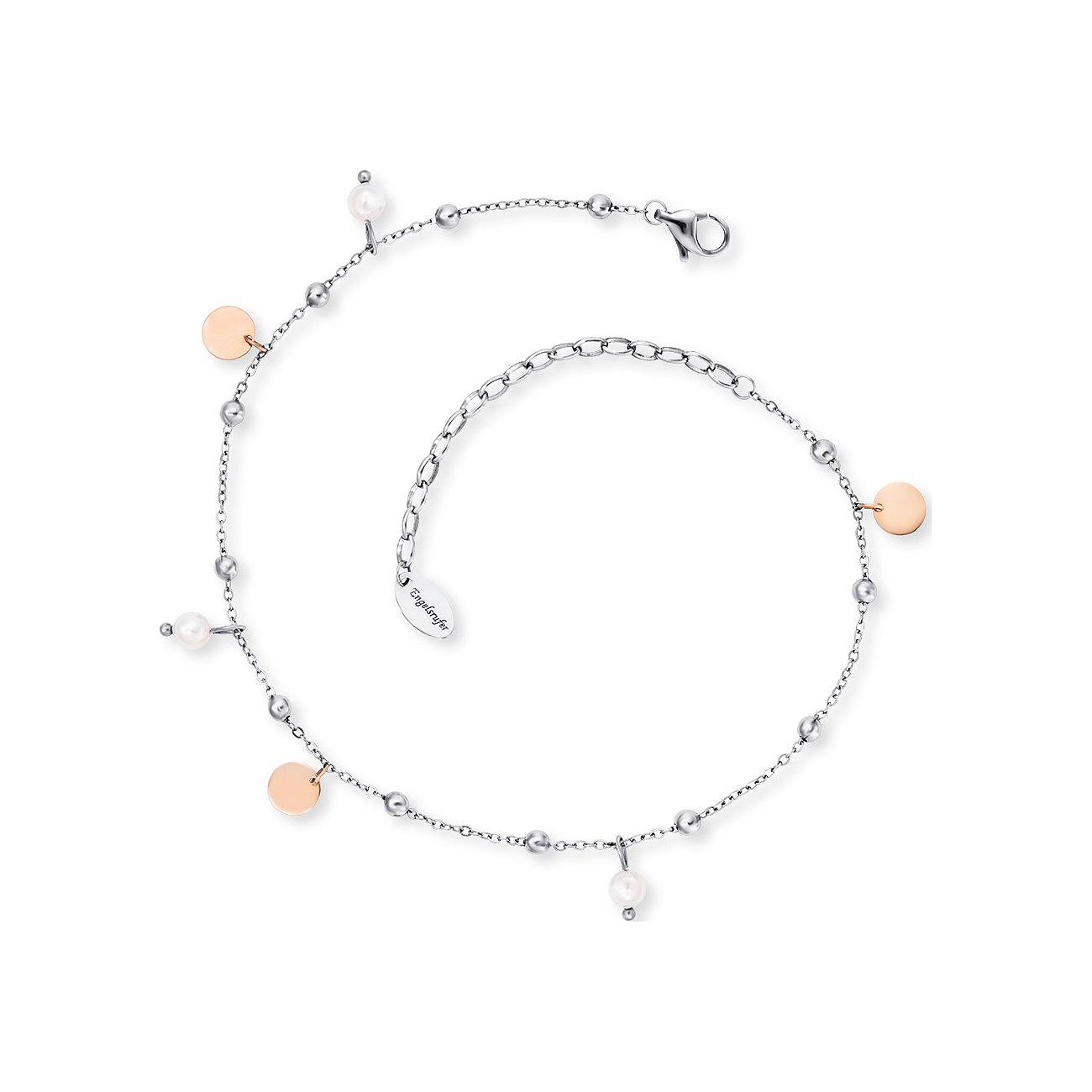 Engelsrufer Fußkette aus Edelstahl mit Perlen und roséfarbenen Elementen.