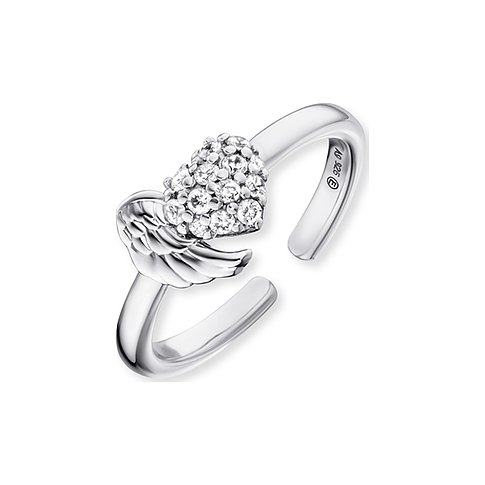 Engelsrufer Ring aus 925er Silber mit Zirkonia besetztem Herz und Flügel.