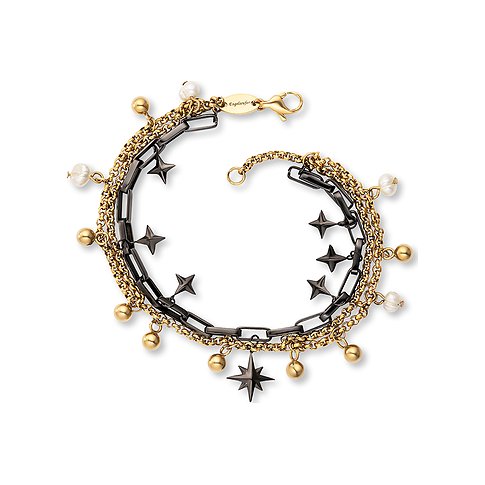 Bracciale Engelsrufer in acciaio inossidabile con perle e ciondoli a stella, color oro e nero.