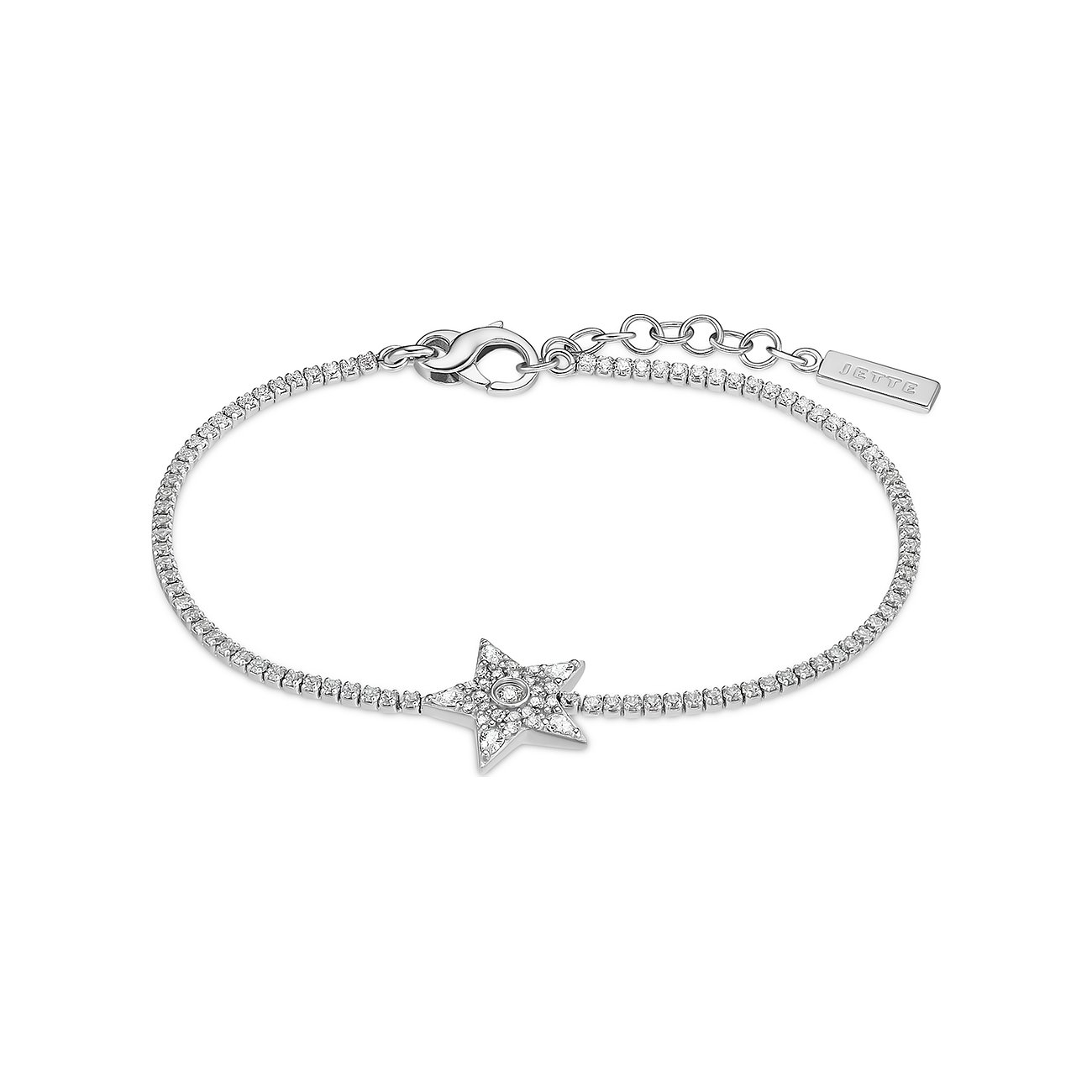 Das JETTE Armband aus 925er Silber ist mit funkelnden Zirkonia-Steinen besetzt und zeigt einen Stern als Anhänger.