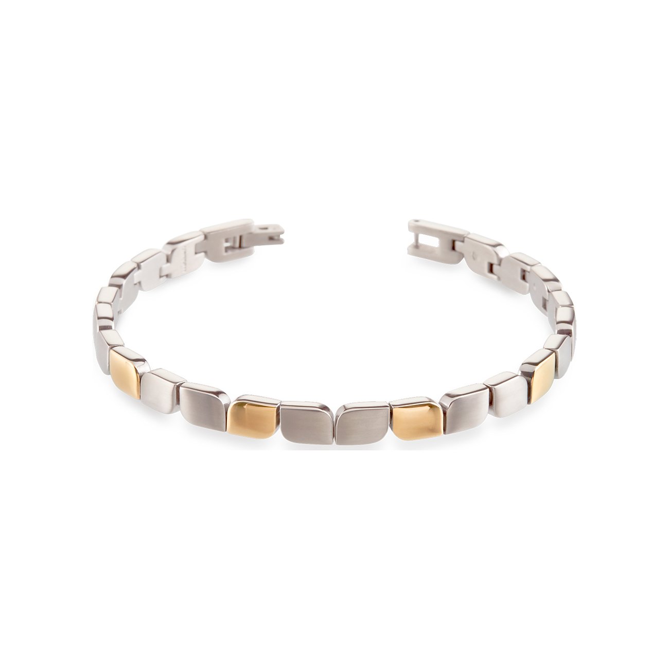 Boccia Armschmuck aus Titan, bestehend aus abwechselnd silberfarbenen und goldenen rechteckigen Gliedern.