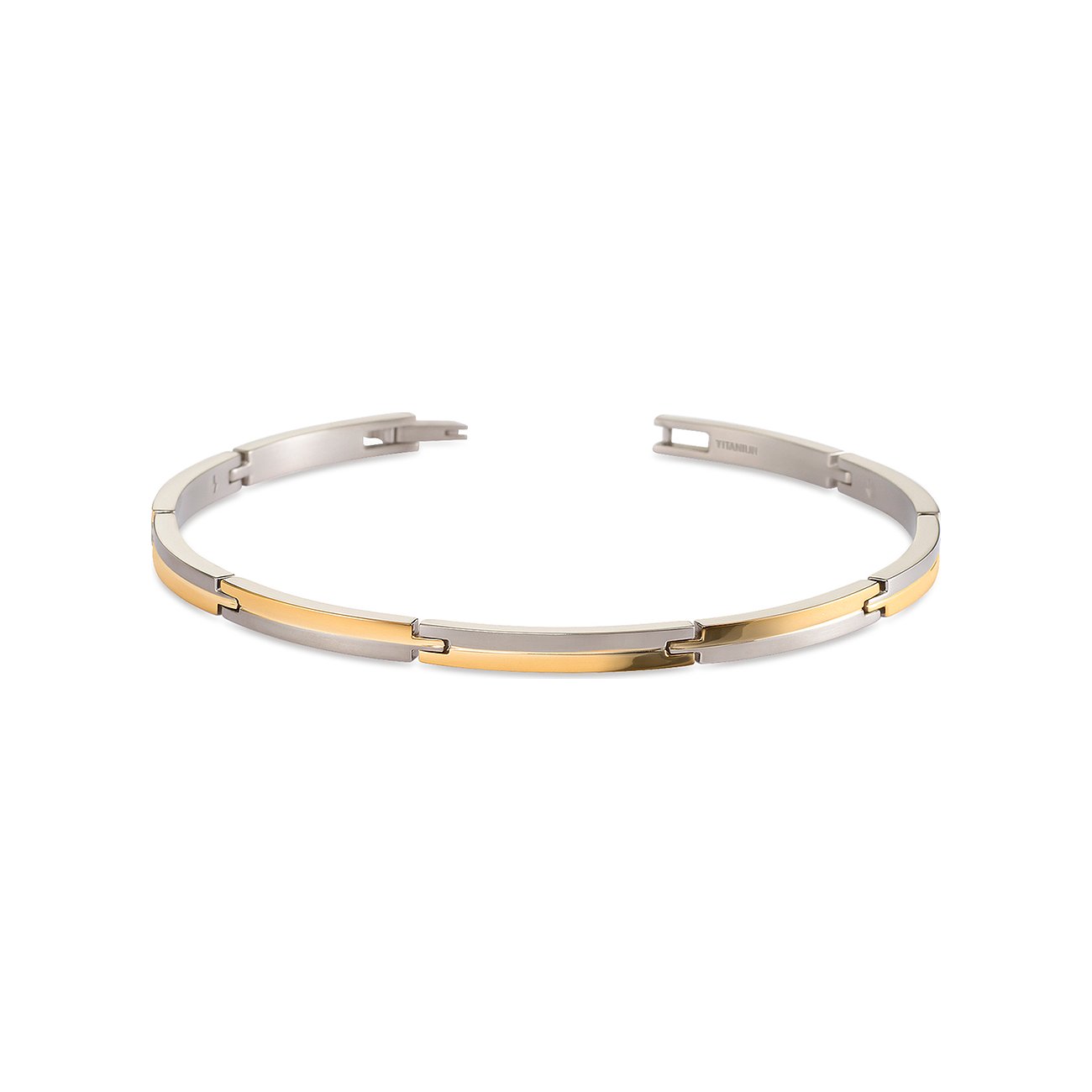 Boccia Armschmuck aus Titan, teilweise goldfarben beschichtet, mit offenem Verschluss, schräg von oben aufgenommen.