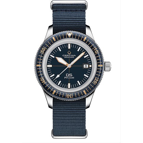 Certina Herrenuhr mit Edelstahlgehäuse, dunkelblauem Zifferblatt und Datum.