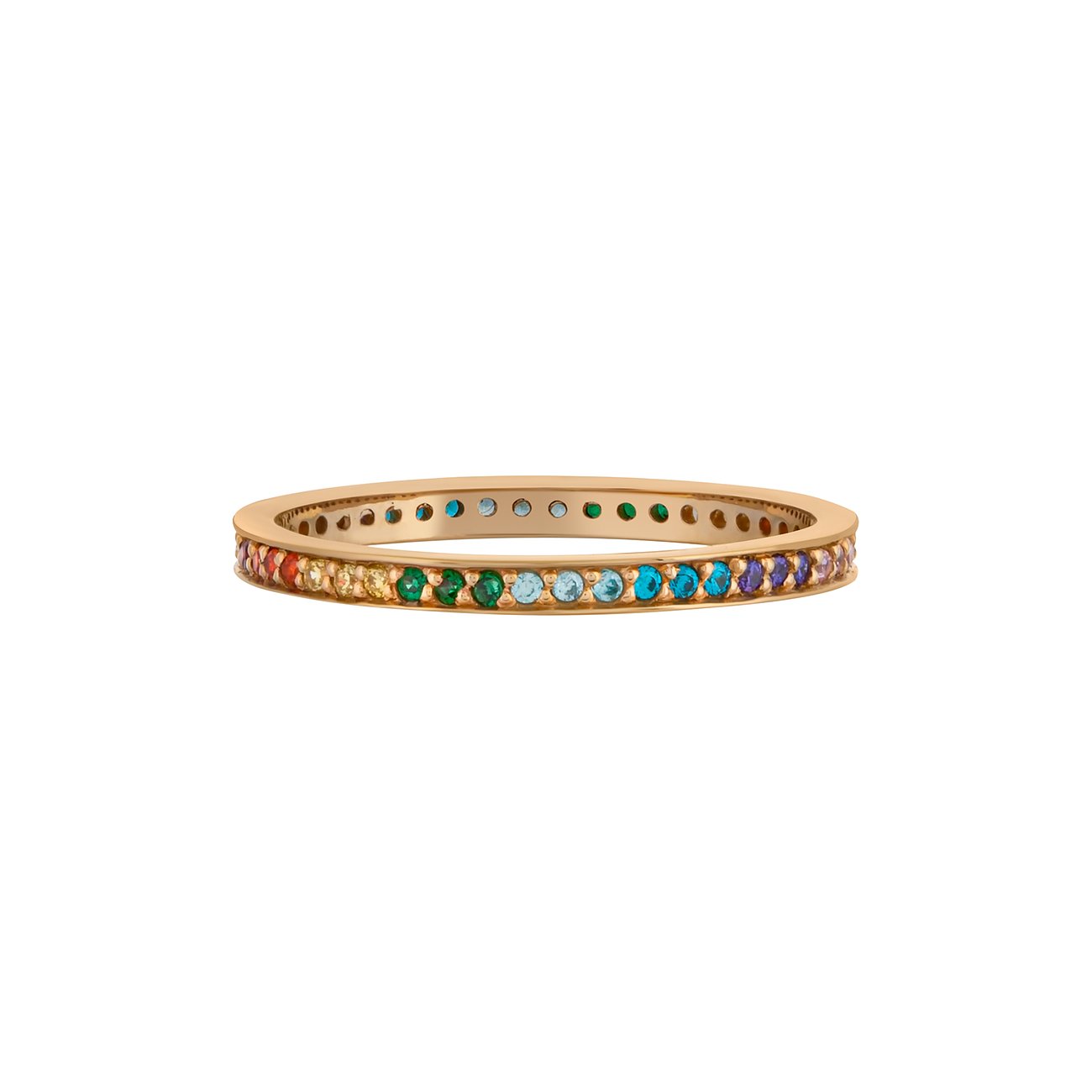 Caï Ring aus 925er Silber in Gold, besetzt mit einer Reihe farbiger Zirkonia Farbsteine, Ansicht von der Seite.