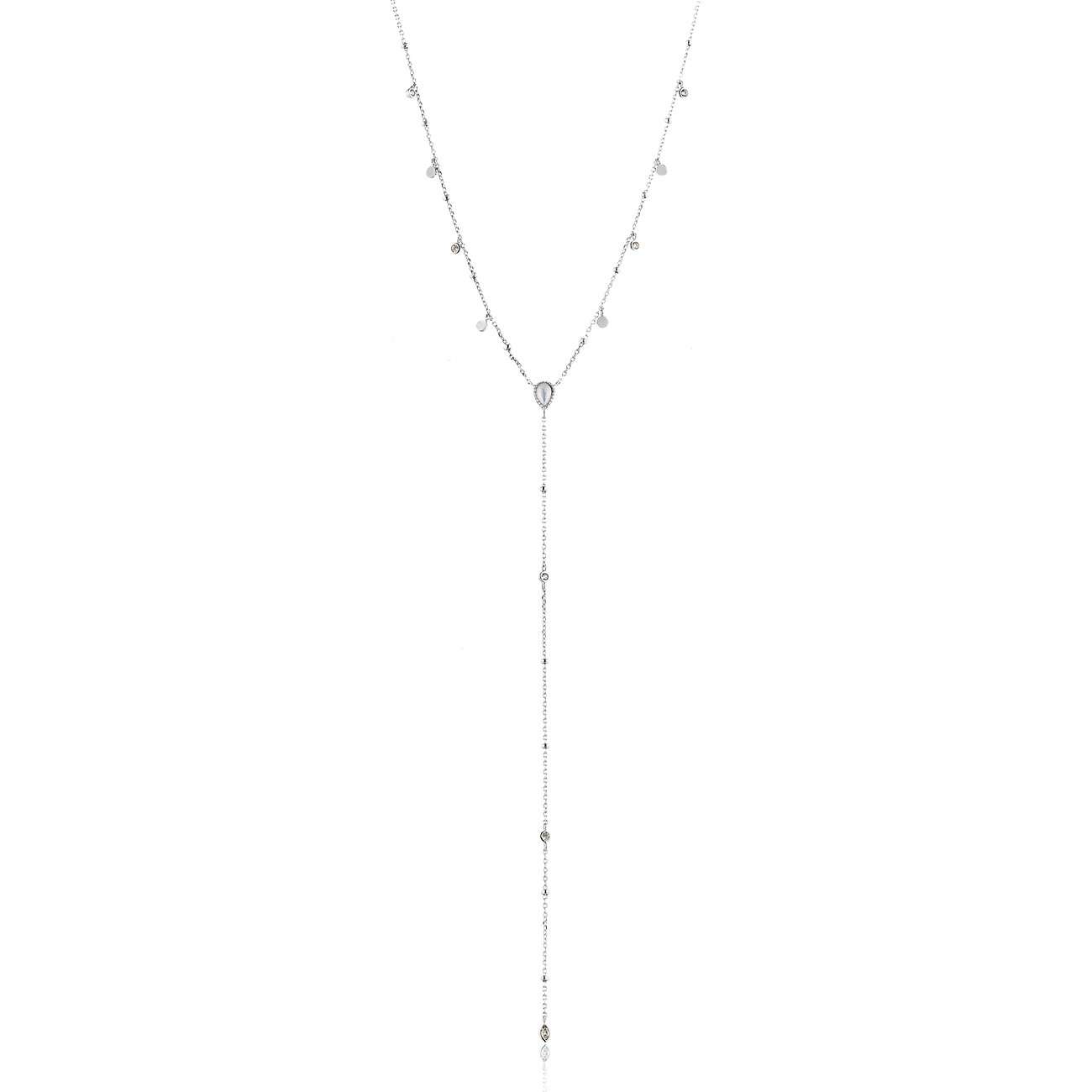 Ania Haie Y-Halskette aus Silber mit Zirkonia, die zarte Ornamente entlang der Kette und des herunterhängenden Teils zeigt.