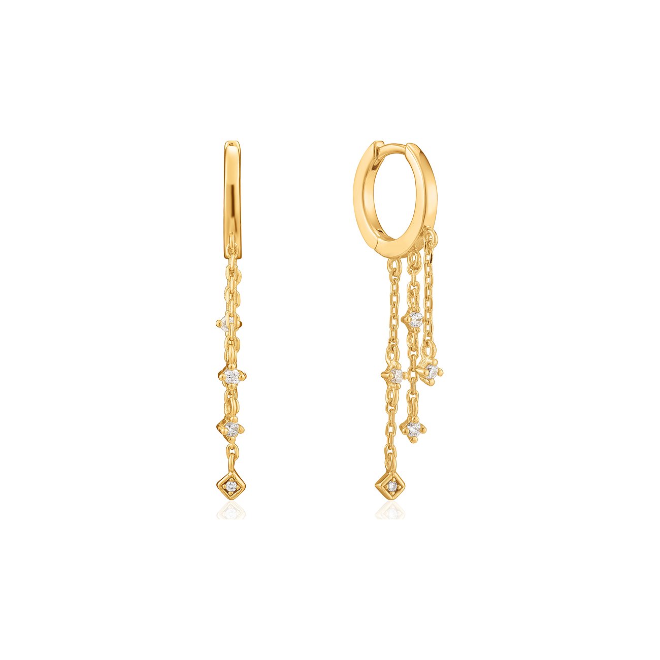 Ein Paar goldene Ania Haie Ohrhänger aus Silber 925 mit langen Ketten, besetzt mit Zirkonia und stilisierten Blättern.