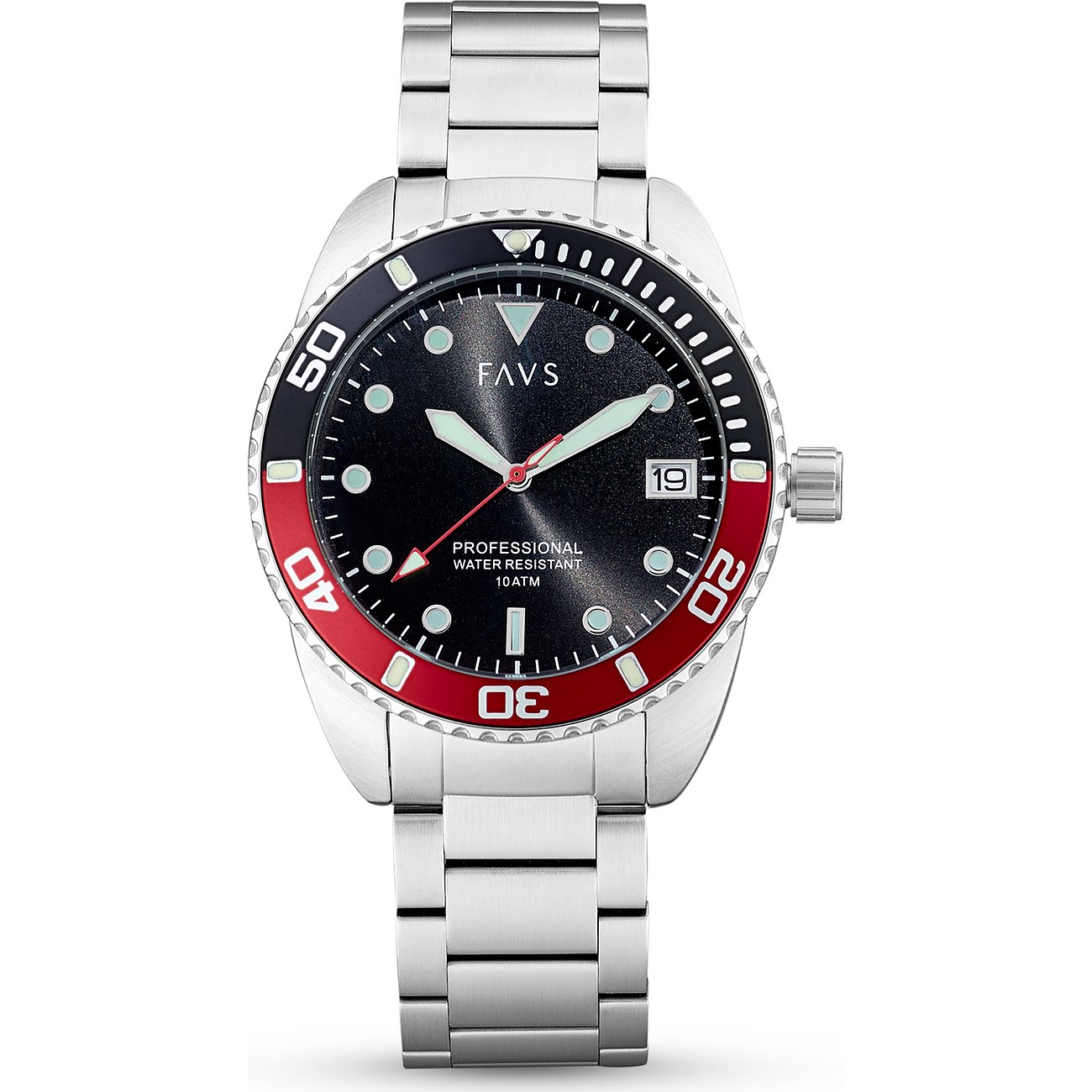 FAVS Herrenuhr aus Edelstahl mit schwarzem Zifferblatt und rot-schwarzer Lünette in der Totalen.
