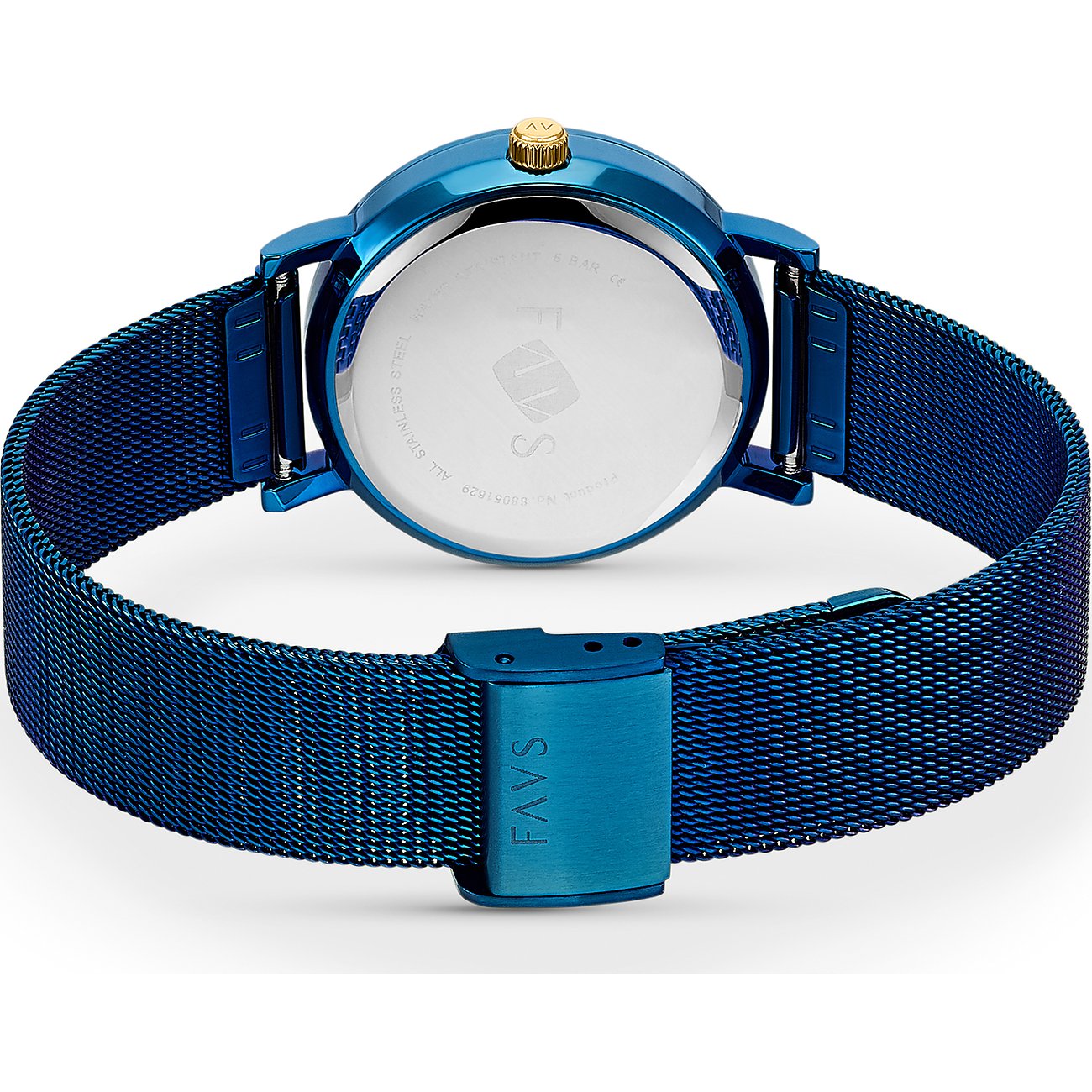 FAVS Damenuhr aus blauem Edelstahl mit blauem Milanaise-Armband und goldfarbener Krone, Rückansicht.