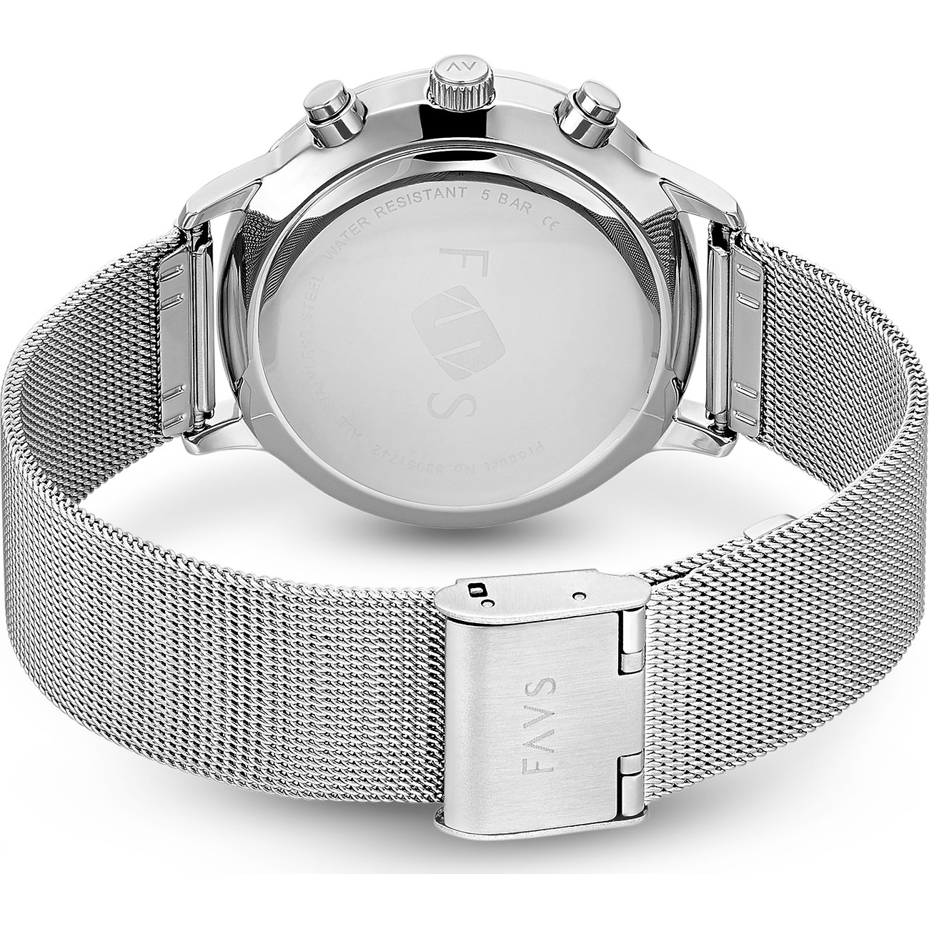 Rückansicht der FAVS Damenuhr aus Edelstahl mit silbernem Gehäuse und feingliedrigem Milanaise-Armband.