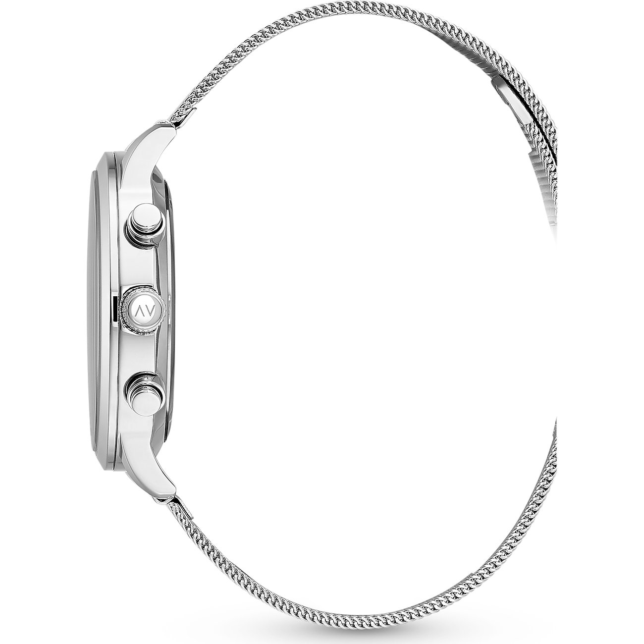 FAVS Damenuhr aus Edelstahl im Profil mit Metall-Mesh-Armband und drei Knöpfen an der Seite.