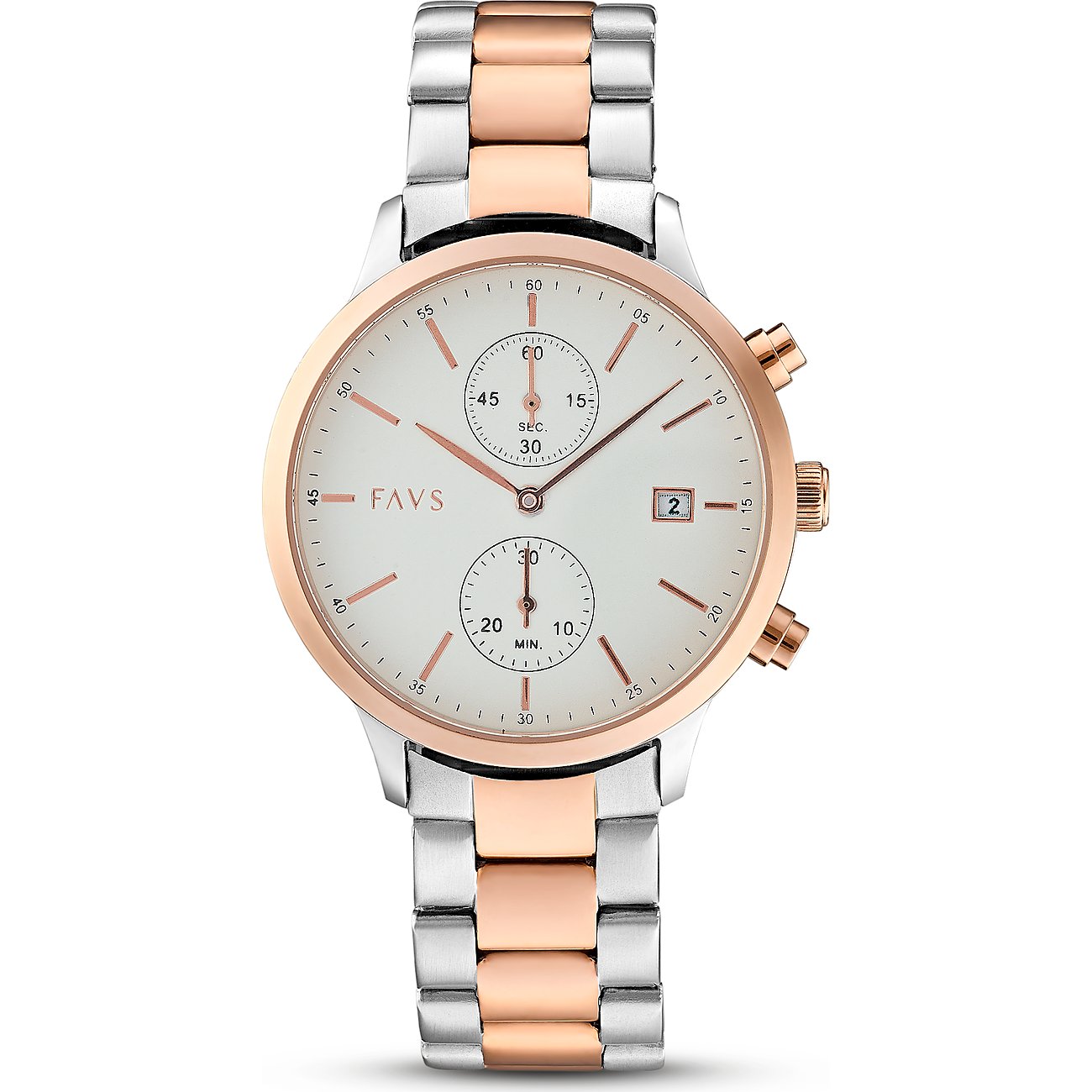 FAVS Damenuhr aus Edelstahl mit roségoldenem Lünette und Gliederarmband, weißem Zifferblatt und Chronographen.