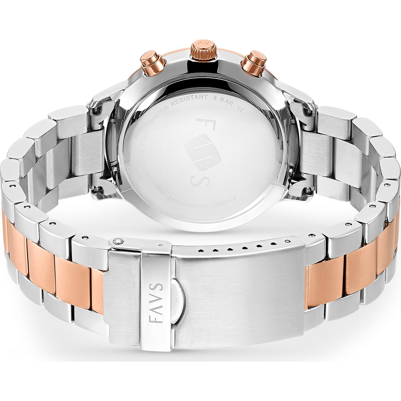 FAVS Damenuhr aus Edelstahl von hinten gesehen. Die Uhr hat ein silber- und roségoldfarbenes Gliederarmband.