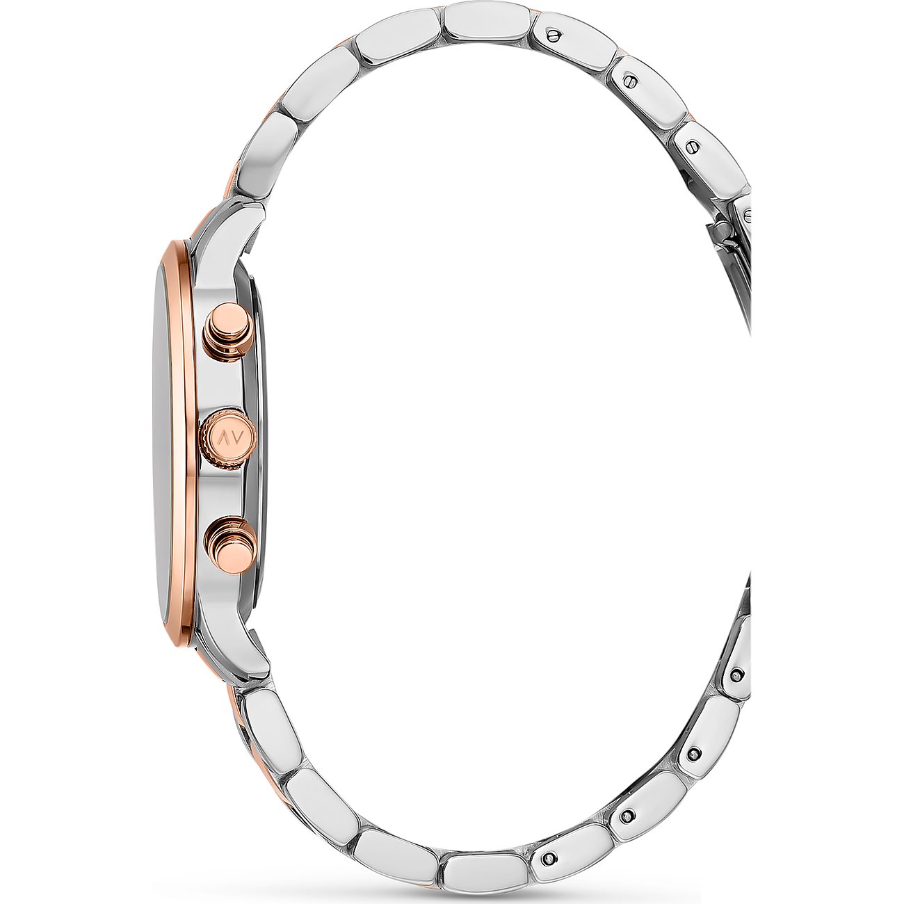 FAVS Damenuhr aus Edelstahl im Profil, silbernes Gehäuse mit roségoldenen Knöpfen und zweifarbigem Armband.