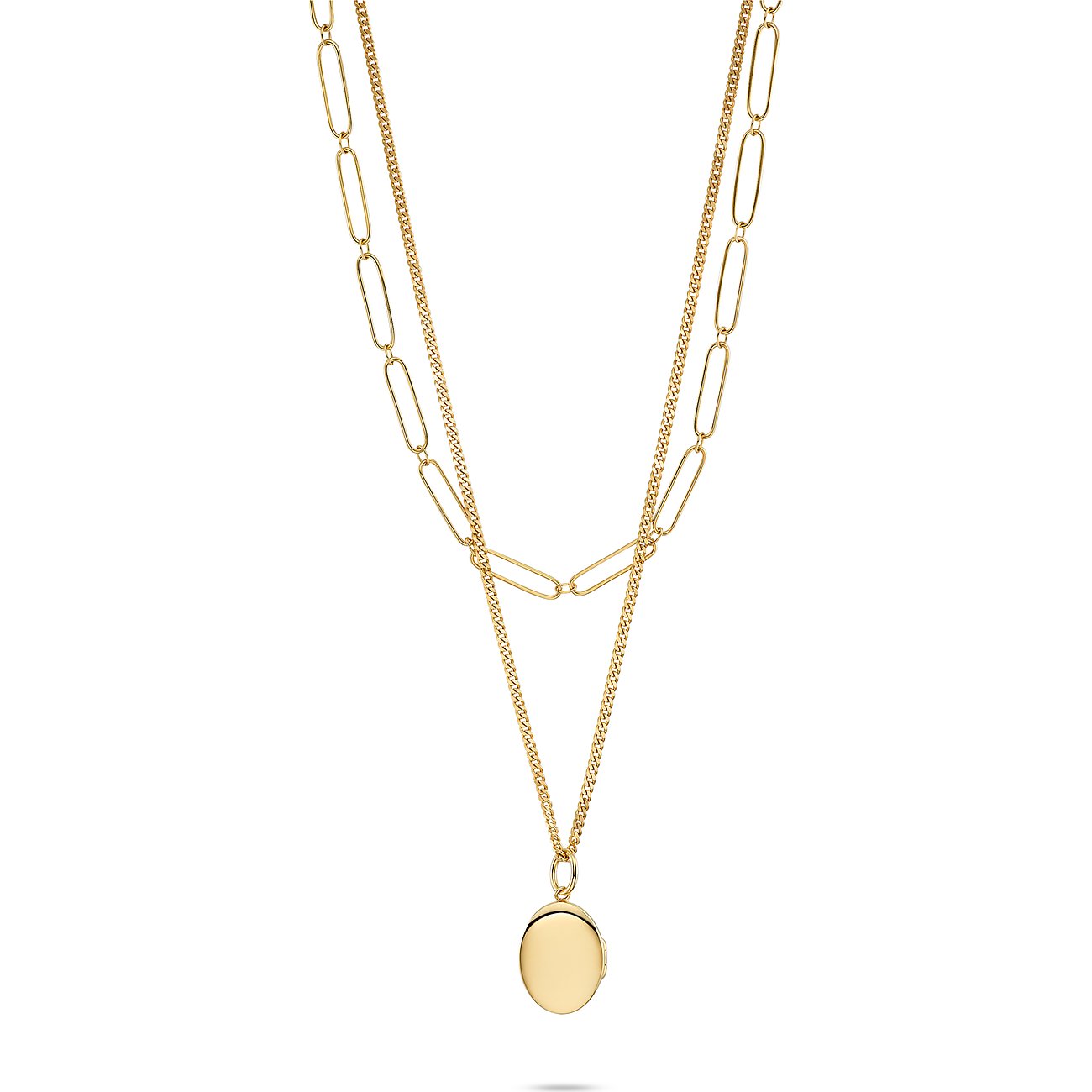 CHRIST necklace, gold-plated 925 silver, double chain: upper with oval links, lower with an oval medallion.