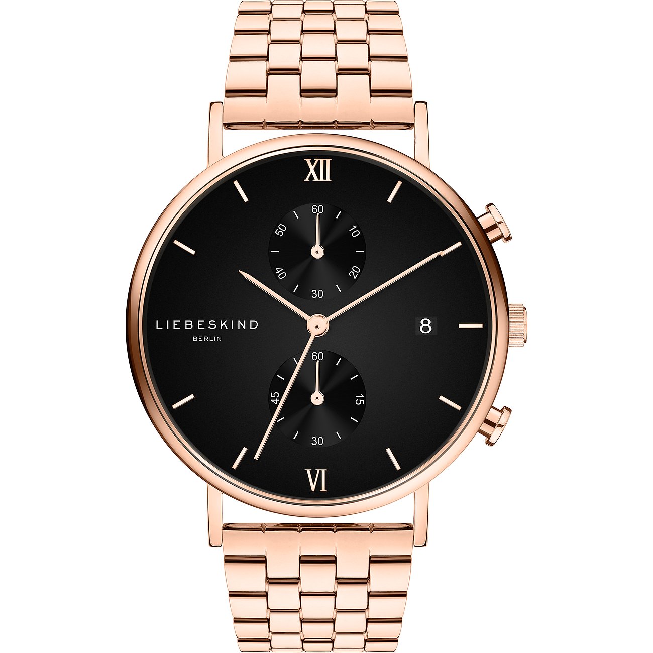 Eine roségoldene Liebeskind Damenuhr aus Edelstahl mit schwarzem Zifferblatt und Chronographenfunktionen.