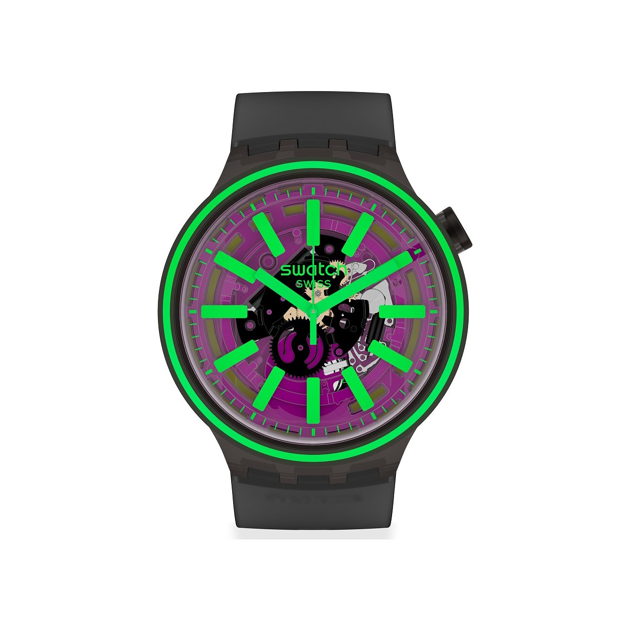 Swatch Herrenuhr aus Kunststoff von oben, mit durchsichtigen Elementen auf einem weißen Hintergrund.