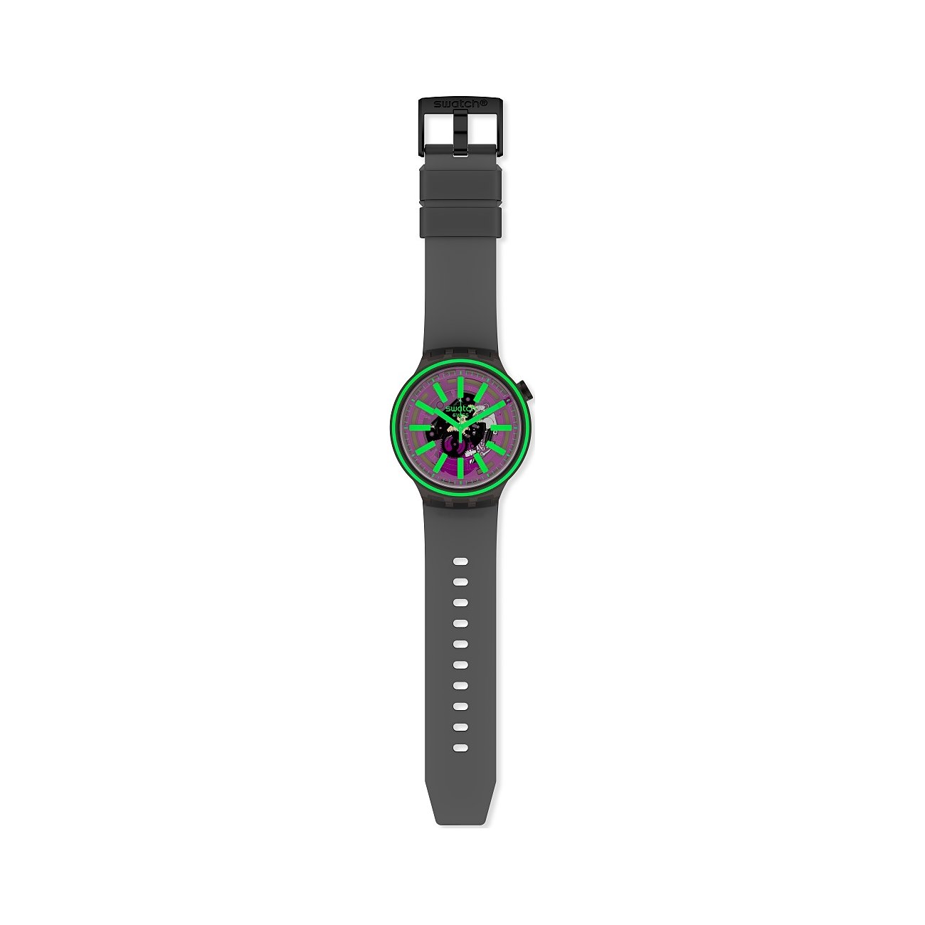 Swatch Herrenuhr aus Kunststoff mit grauem Armband und einem Zifferblatt in Grün und Lila. Draufsicht.