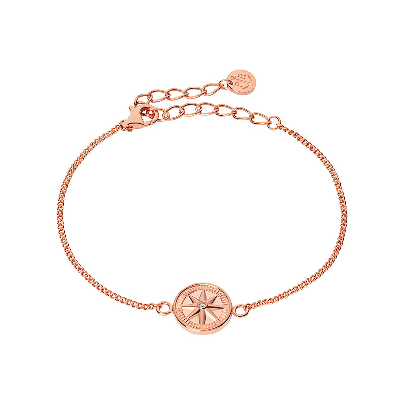 Paul Hewitt Armschmuck aus rosévergoldetem 925er Silber mit einer Kompassrose aus Zirkonia in der Mitte.