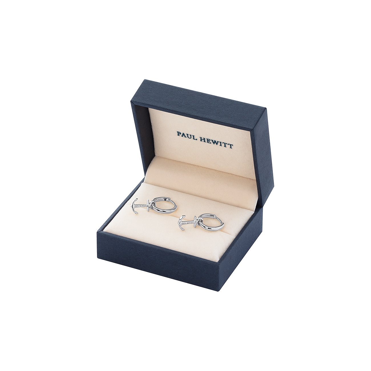 Paul Hewitt Ohrschmuck aus 925er Silber in Ankerform, präsentiert in einer dunkelblauen BOX.