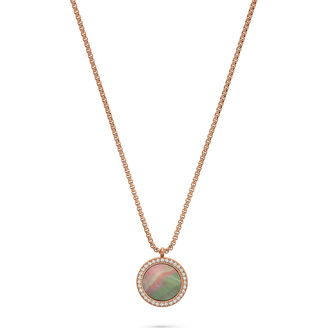 FAVS Halskette: Roségoldfarbener Edelstahl, runder Anhänger mit Zirkonia-Umfassung und irisierendem Zirkonia-Farbstein.