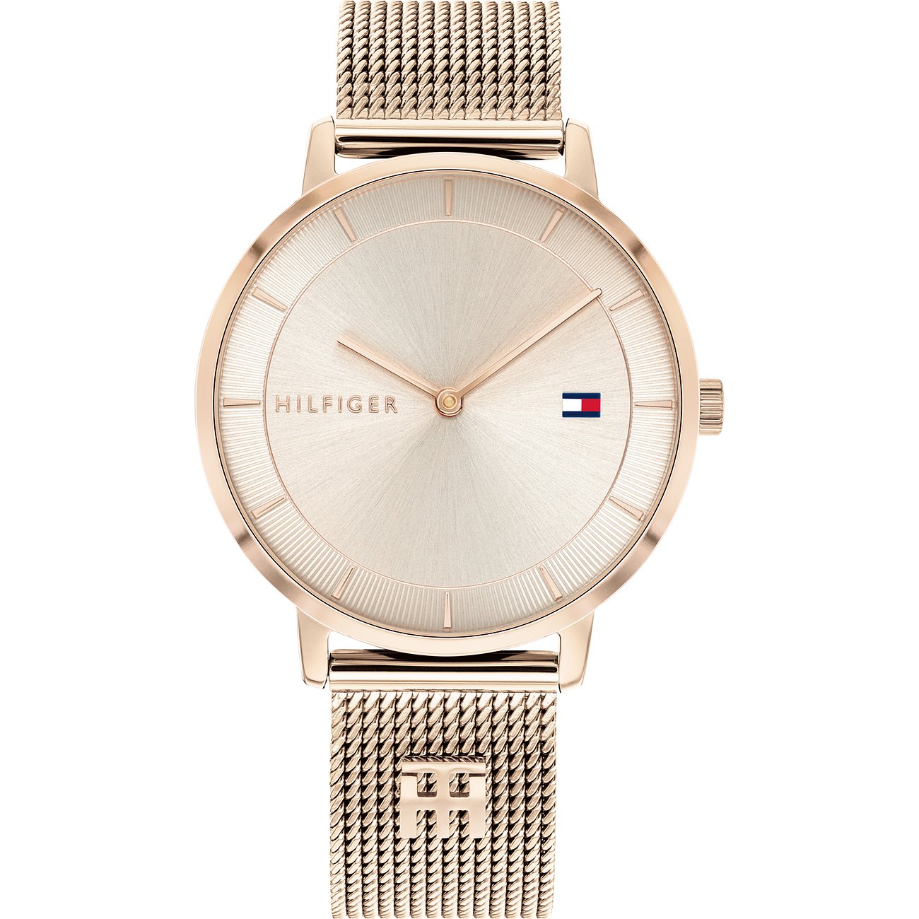 Tommy Hilfiger Damenuhr mit Edelstahlgehäuse, roségoldfarben, analog, Mesh-Armband.