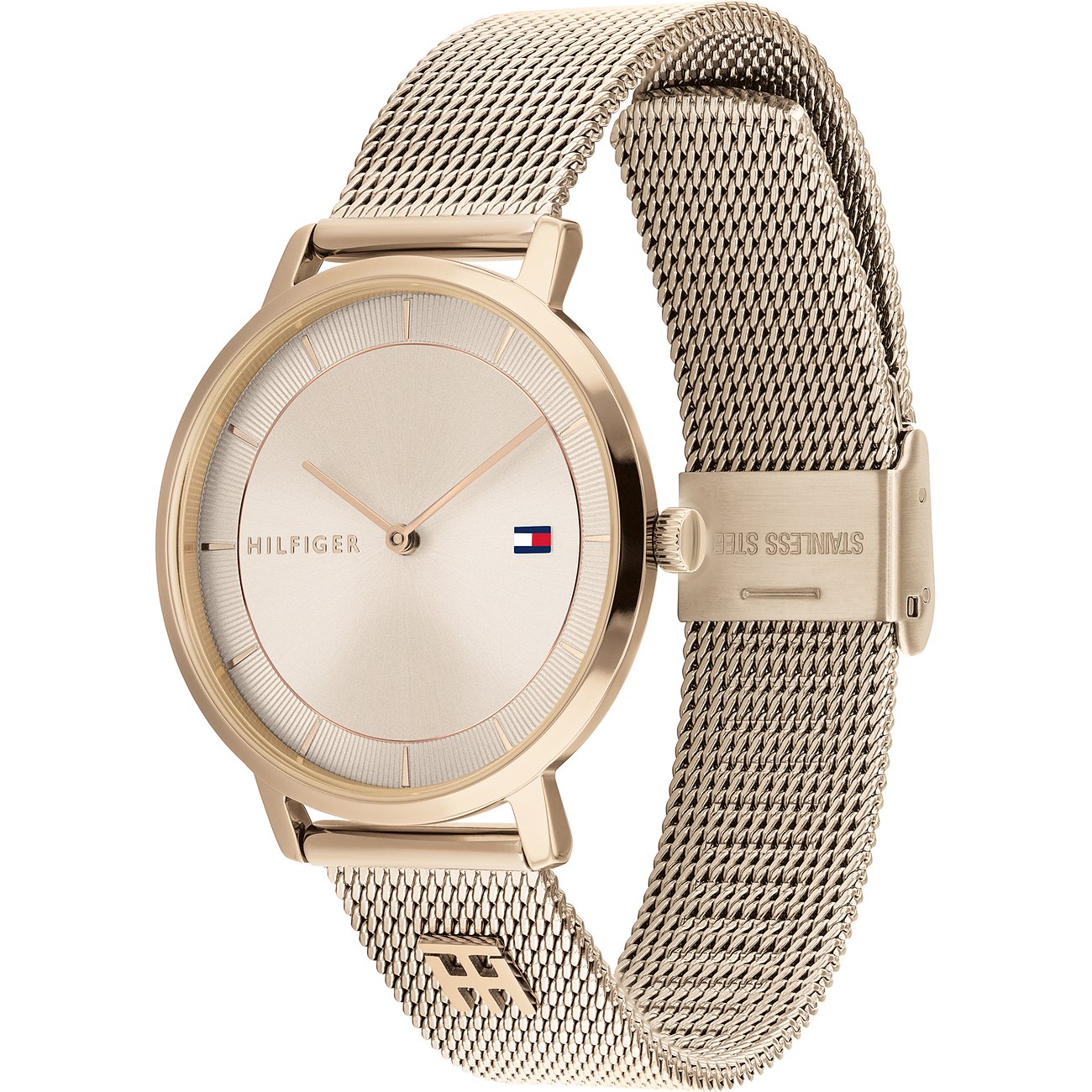 Tommy Hilfiger Damenuhr aus Edelstahl mit Mesh-Armband und analoger Anzeige.