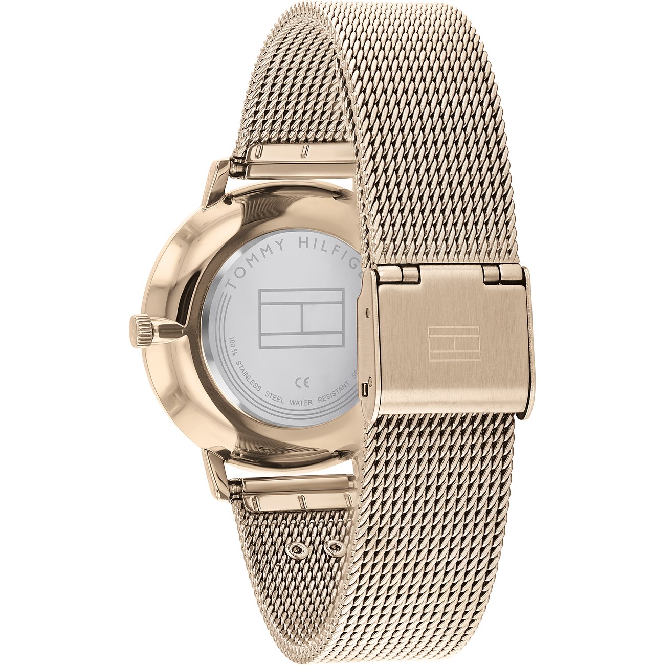 Tommy Hilfiger Damenuhr aus Edelstahl, roségoldfarben, mit Mesh-Armband.