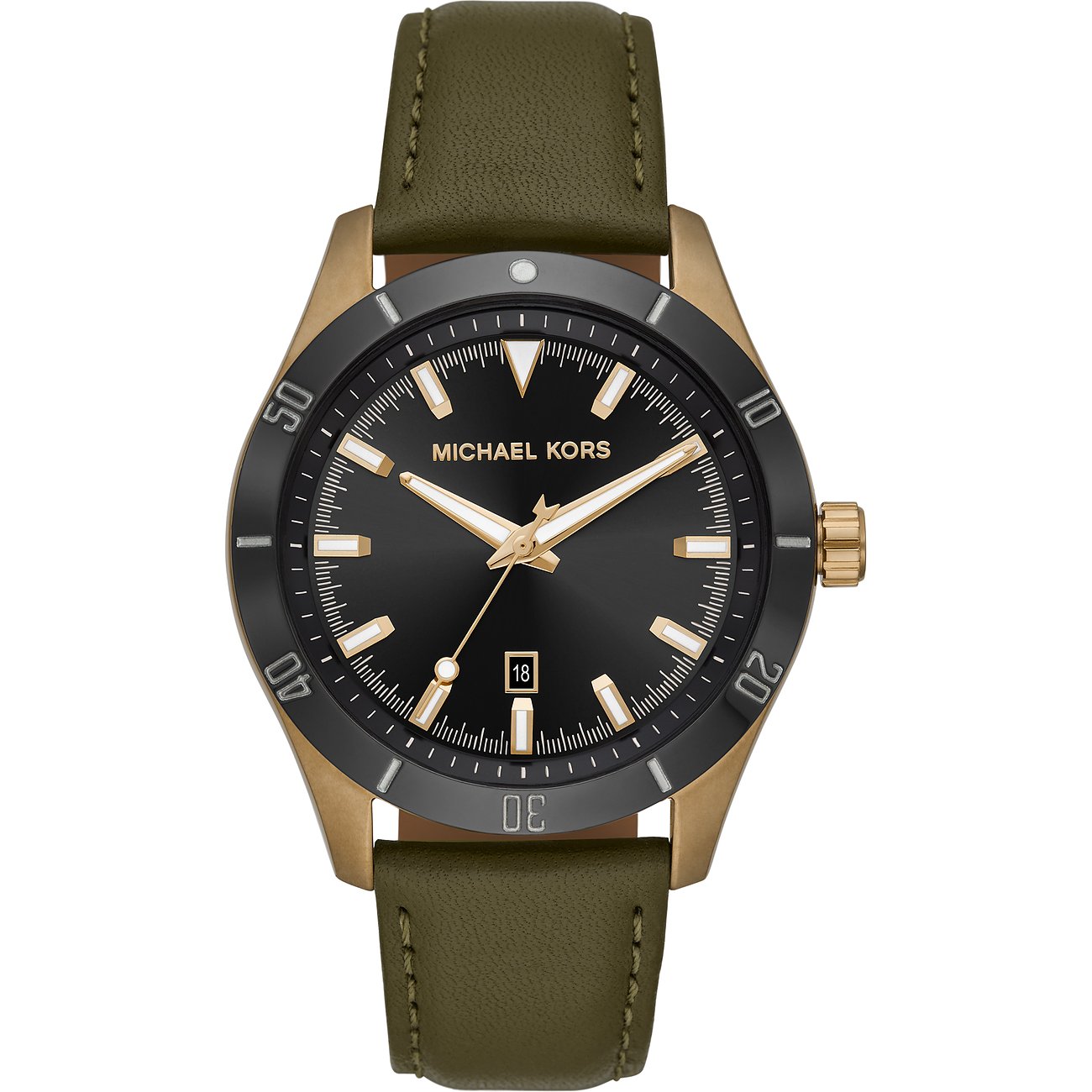Michael Kors Herrenuhr aus goldfarbenem Edelstahl mit schwarzem Zifferblatt, Datumsanzeige und grüngrauem Armband.